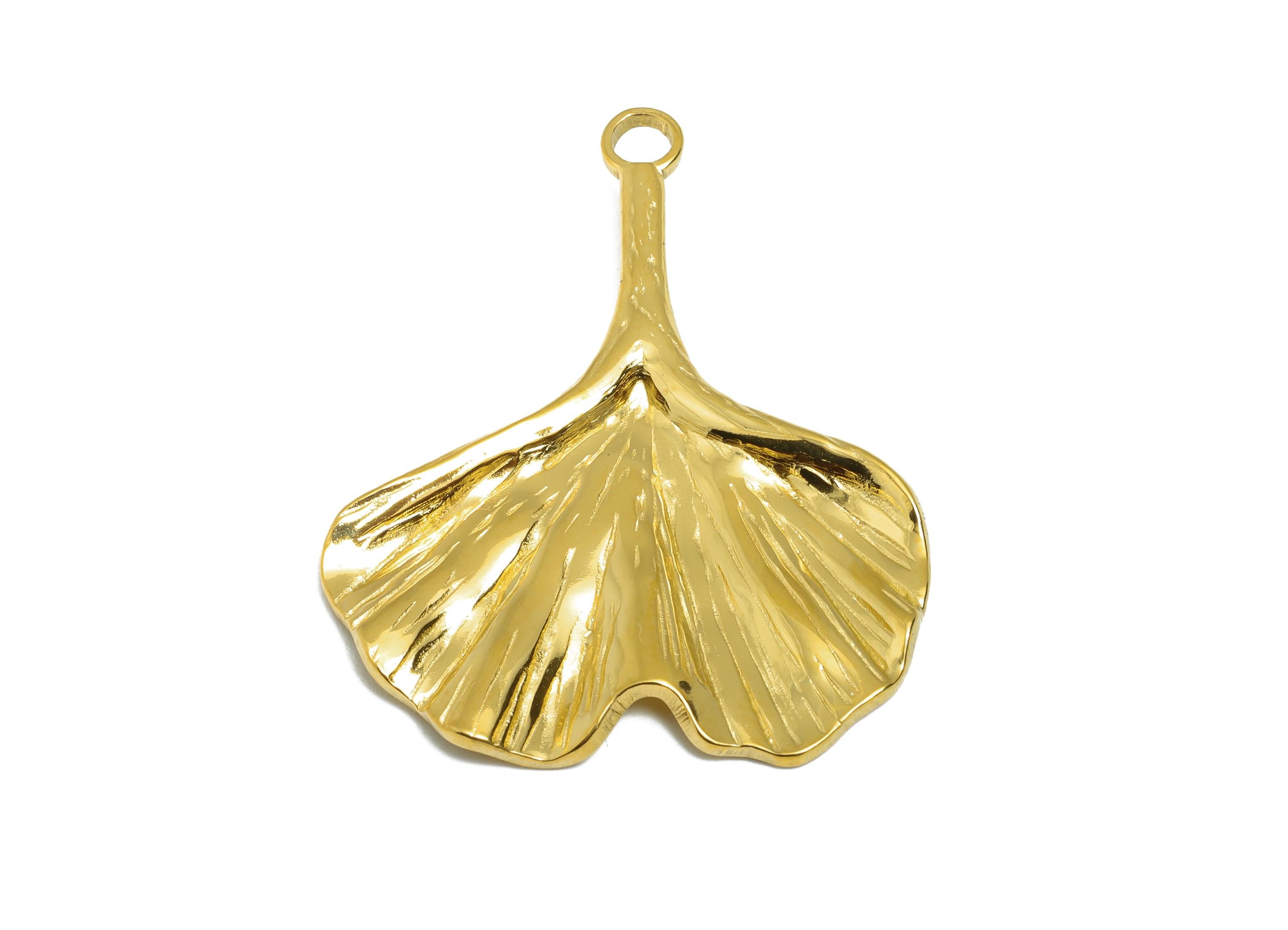 Steel Ginkgo Leaf Charm - Gold Botanical Leaf Necklace Pendant - Nature-Inspired Accessories - Gold Tone Plated - 35.9x28.8x2.45mm - SS2114G - DOMEDBAZAAR