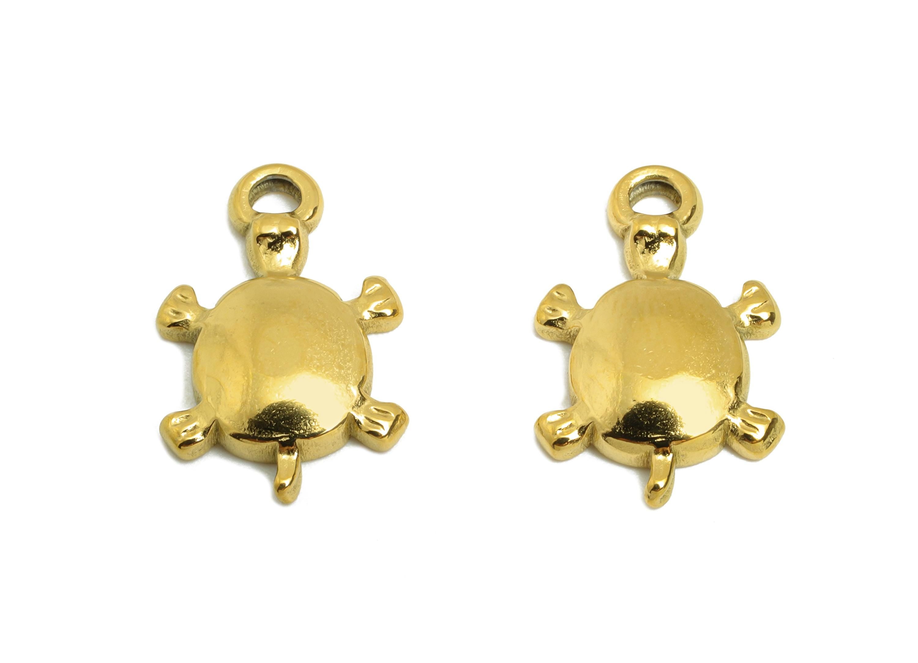 Steel Turtle Charm - Marine Life Animal Pendant - Beach-Themed Turtle Jewelry Component - Gold Tone Plated - 15.88x10.4x2.6mm - SS2122G - DOMEDBAZAAR