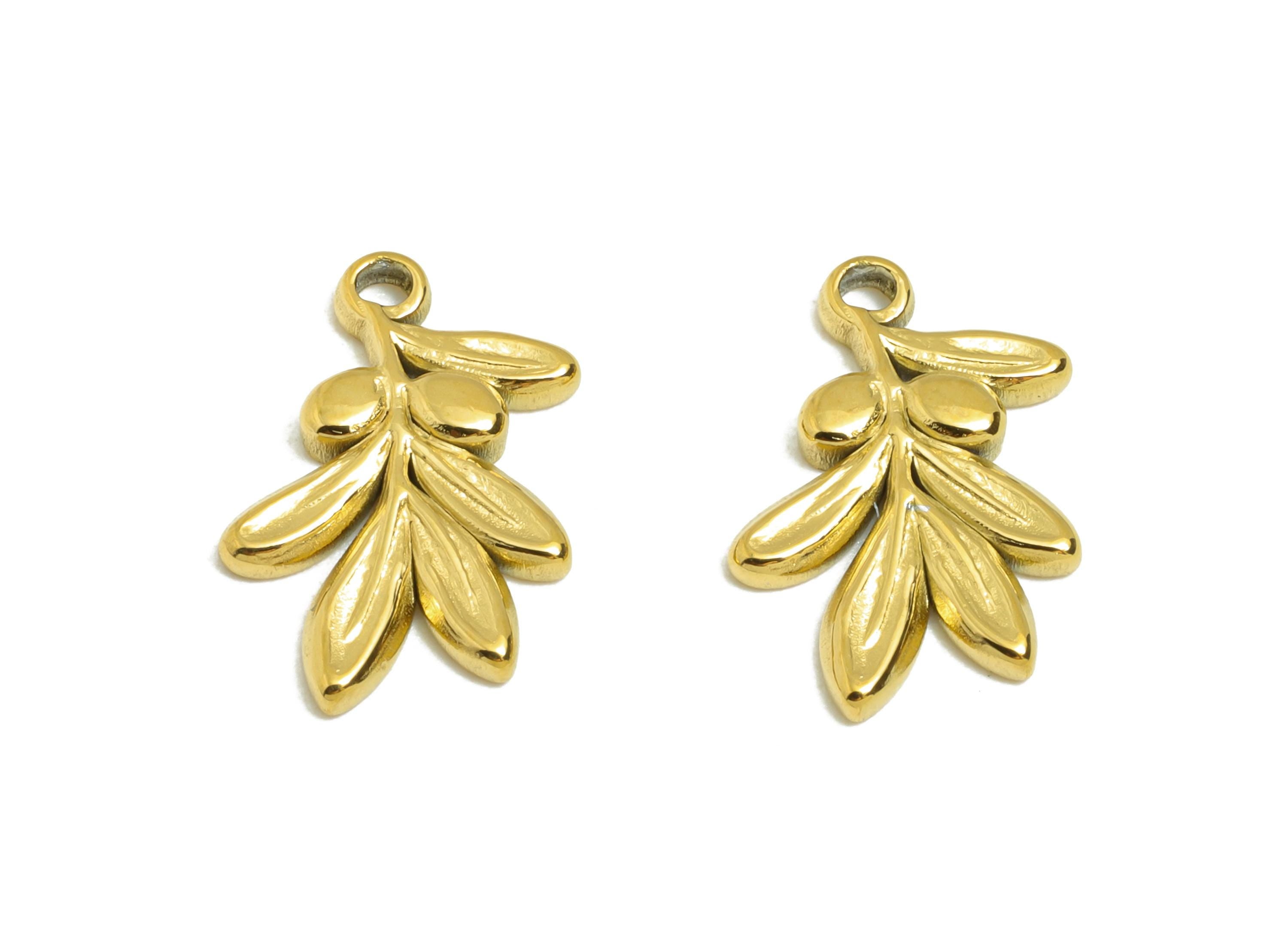 Steel Olive Branch Charm - Good Lucky Leaf Charm for Necklace - Minimalist Botanical Jewelry - Gold Tone Plated - 14.97x9.98x1.9mm - SS2125G - DOMEDBAZAAR