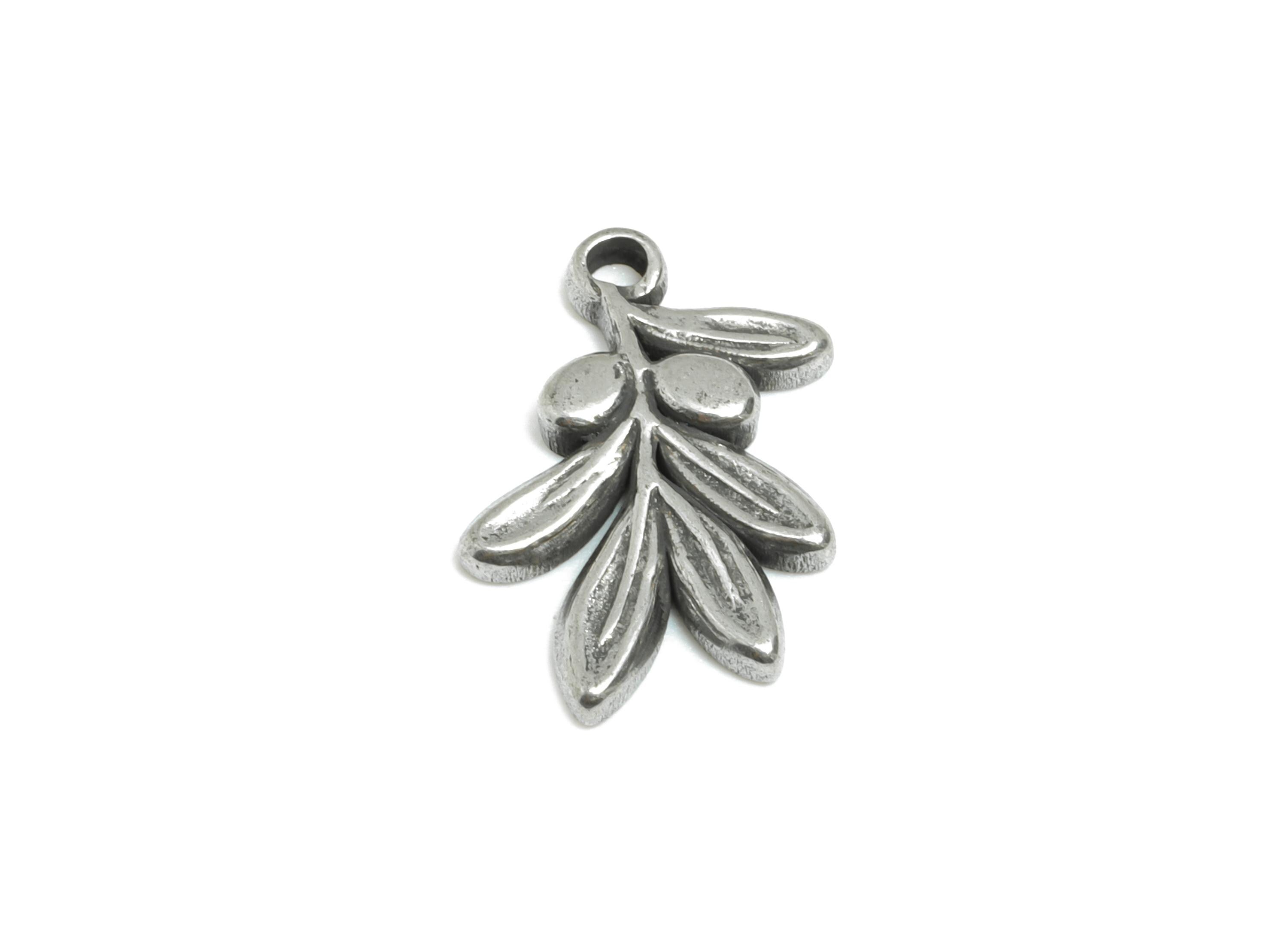 Steel Olive Branch Charms - Good Lucky Leaf Charm for Necklace - Minimalist Botanical Jewelry - Steel Findings - 14.97x9.98x1.9mm - SS2125 - DOMEDBAZAAR