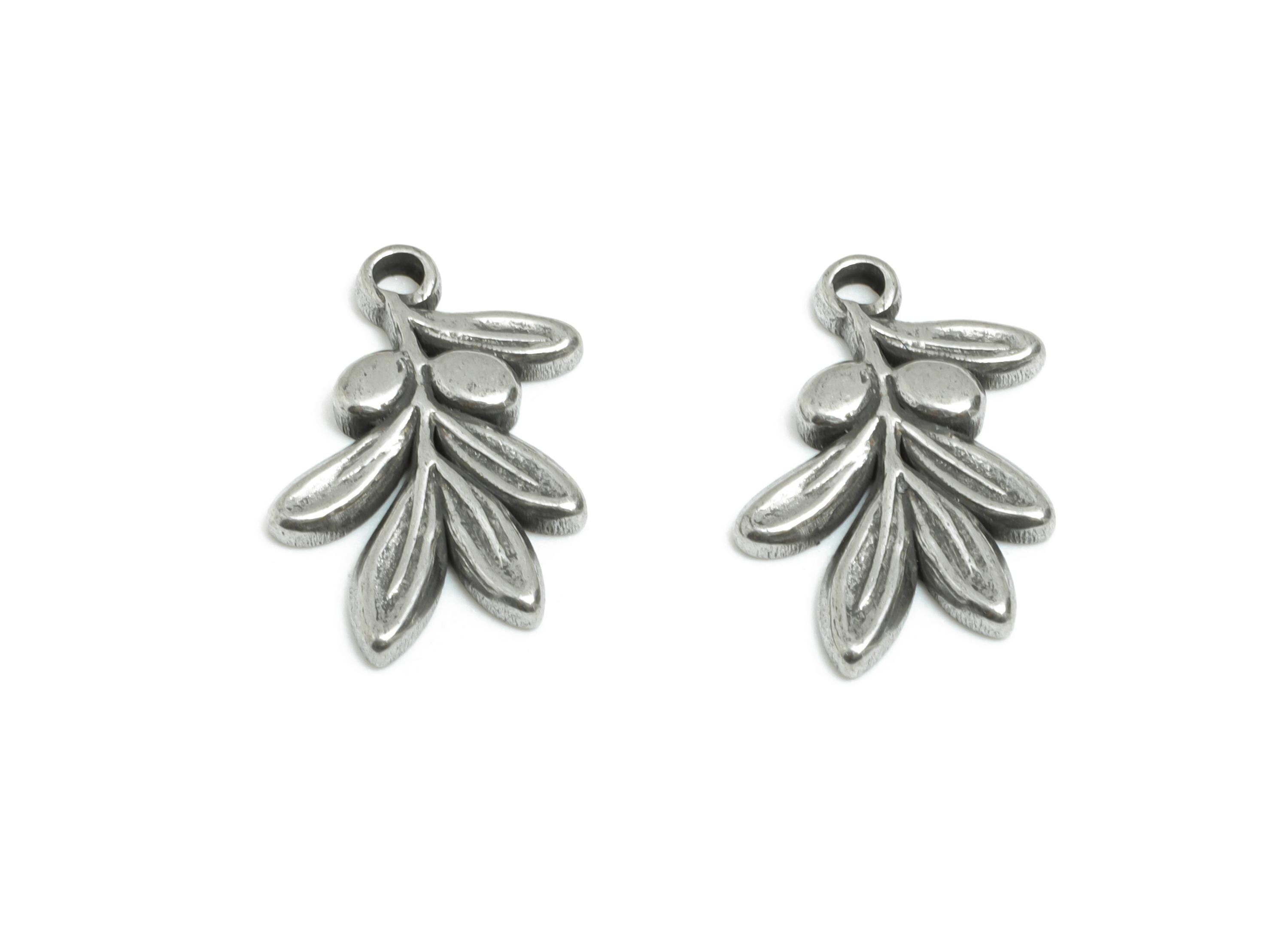 Steel Olive Branch Charms - Good Lucky Leaf Charm for Necklace - Minimalist Botanical Jewelry - Steel Findings - 14.97x9.98x1.9mm - SS2125 - DOMEDBAZAAR