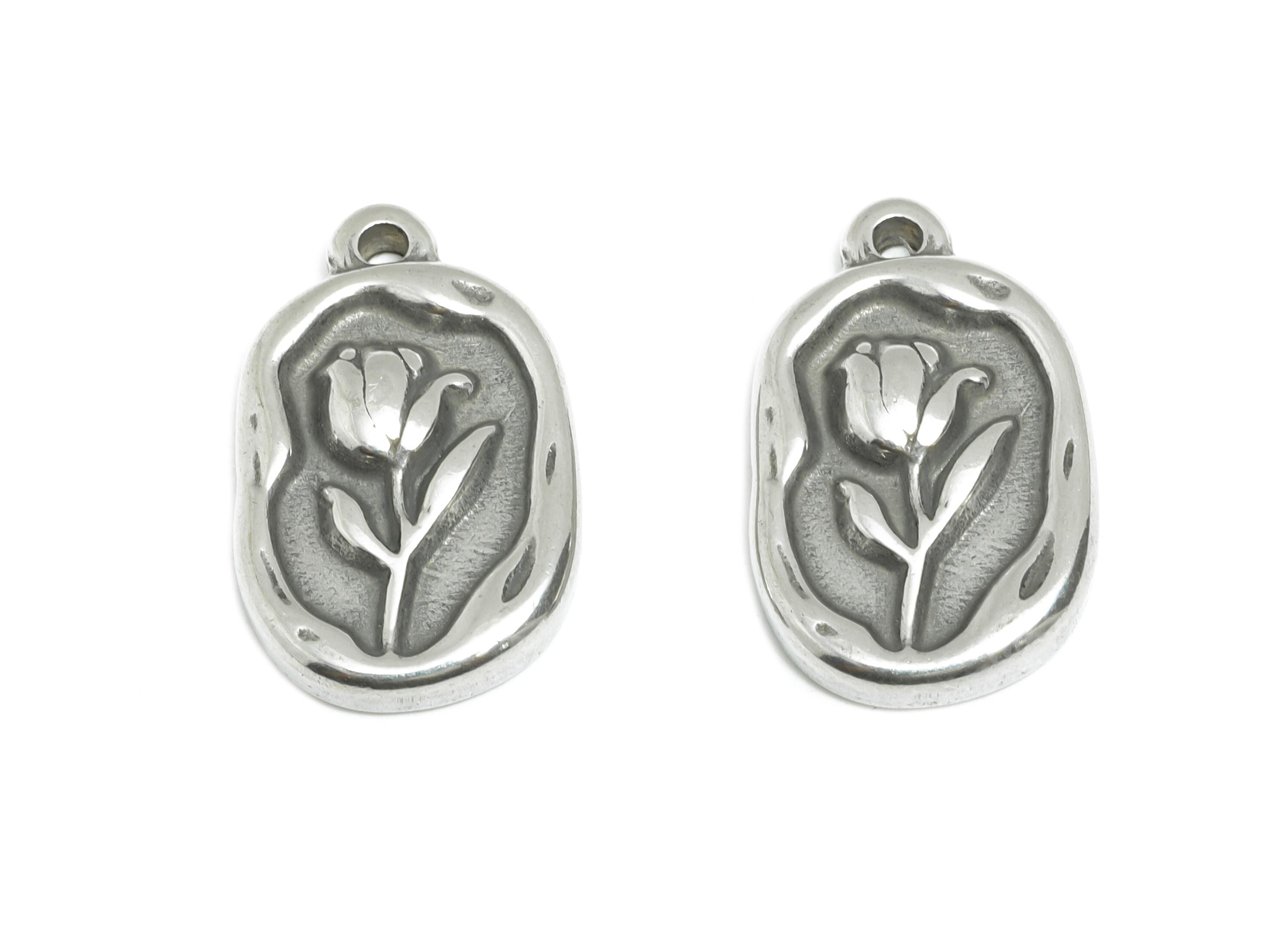 Steel Oval Tulip Charms - Vintage Floral Necklace Pendant - Romantic Botanical Accessory - DIY Making Supplies - 20.25x12.36x3.12mm - SS2118 - DOMEDBAZAAR