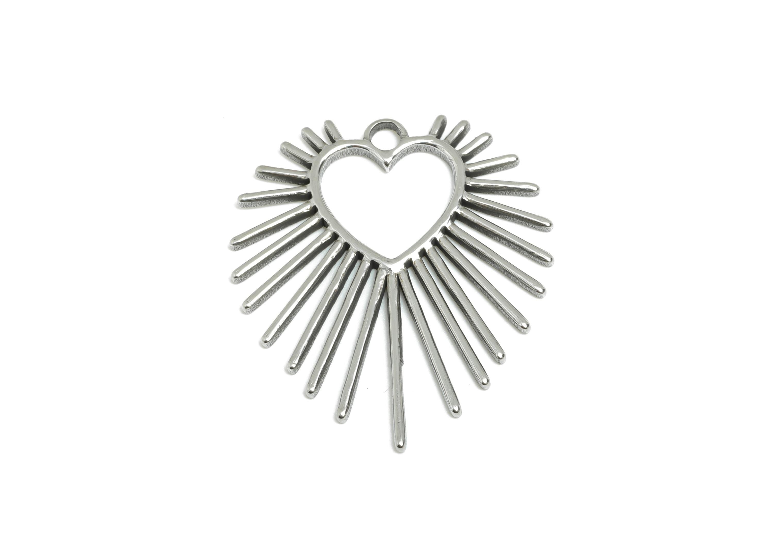Steel Sunburst Heart Pendant - Radiant Heart Charm - Stainless Steel Charm - Celestial Heart Jewelry - Sunbeam Pendant - 30x25x1mm - SS2110 - DOMEDBAZAAR