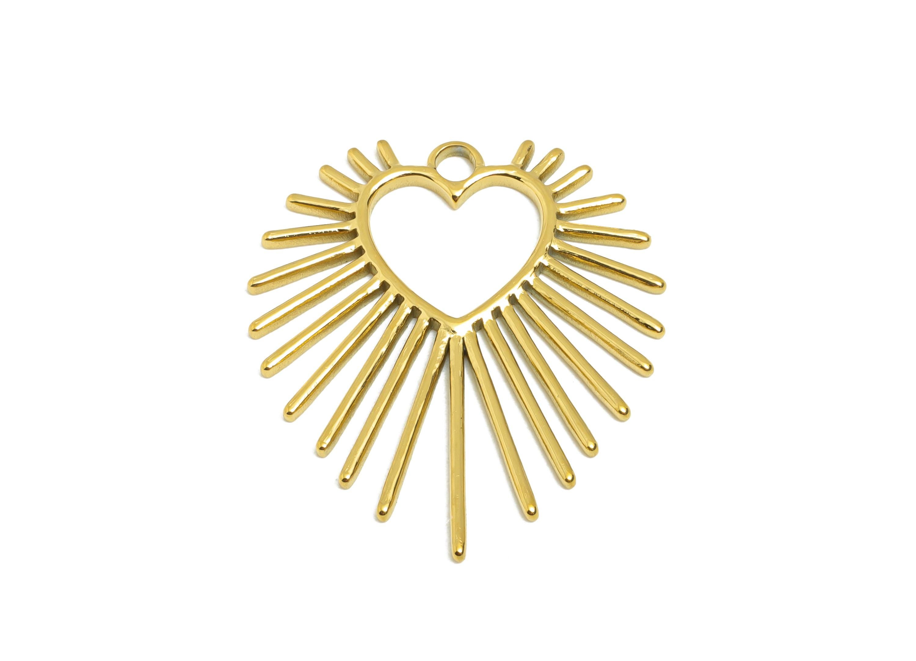 Steel Sunburst Heart Pendant - Radiant Heart Charm - Stainless Steel Charm - Celestial Heart Jewelry - Sunbeam Pendant - 30x25x1mm - SS2110G - DOMEDBAZAAR