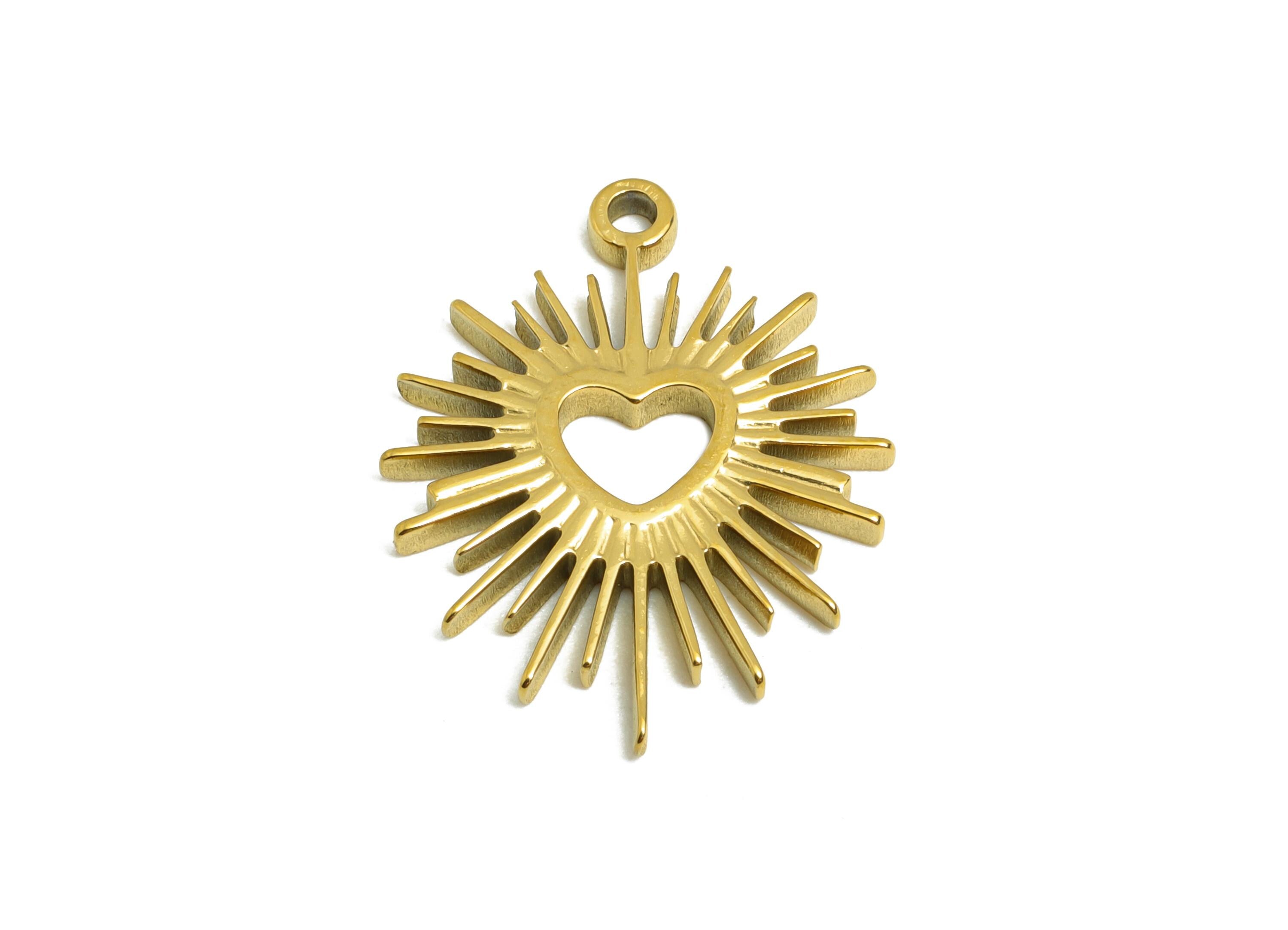 Steel Sunburst Heart Pendant - Sunray Openwork Charm - Stainless Steel Charm - Celestial Heart Jewelry - Sunbeam Pendant - 22x17x1mm-SS2117G - DOMEDBAZAAR