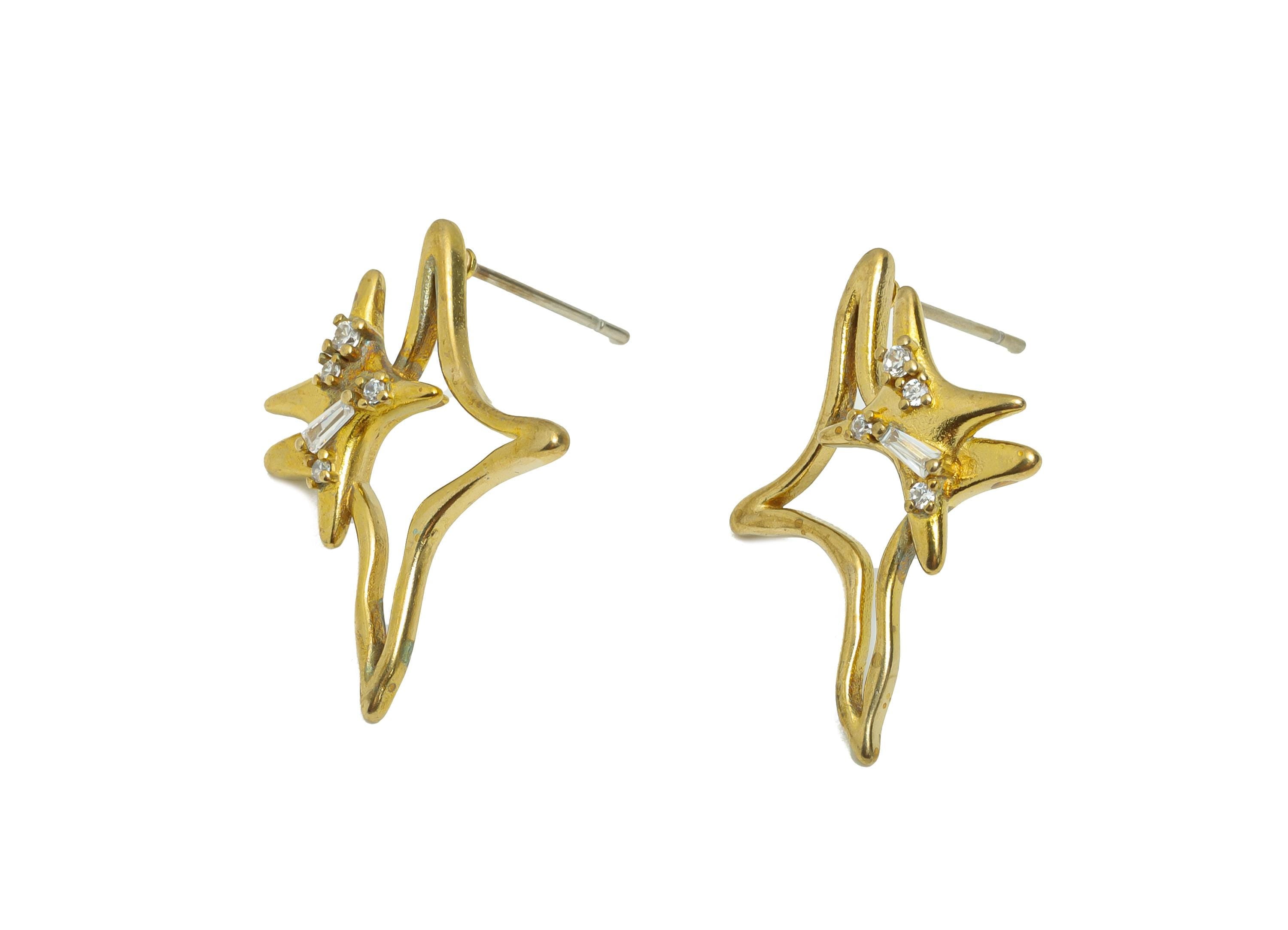 Brass Star CZ Stud Earring - Raw Brass Dainty Double Star Cubic Zirconia Stud - Minimalist Earring -  Sparkle Stud - 7x7x2.5mm - PP11383 - DOMEDBAZAAR