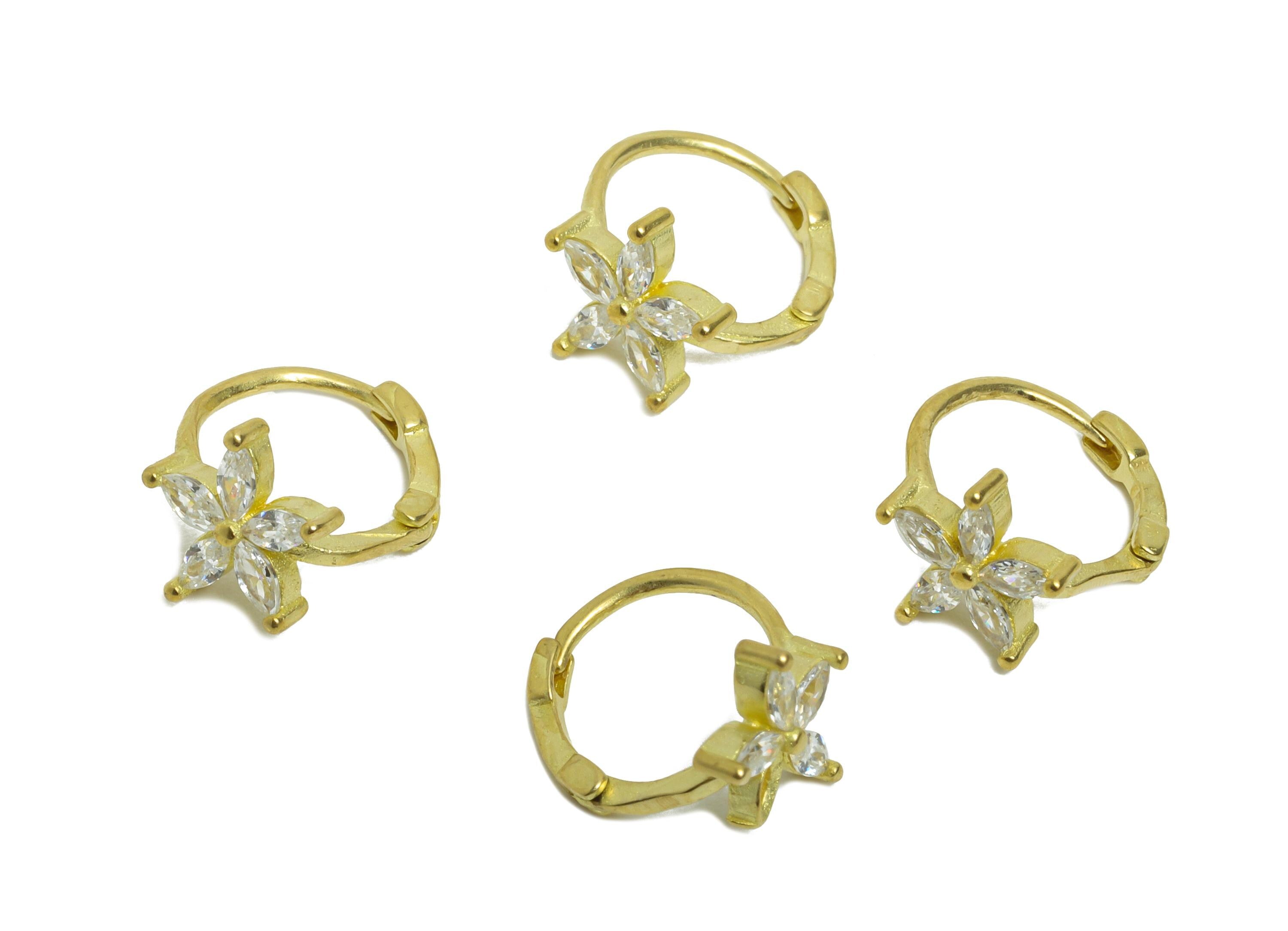 Brass CZ Huggie Hoop Earrings - Mini Raw Brass Marquise Zircon Earring - Dainty Botanical Floral Huggie Hoop Clasp - 11x9.5x7.5mm - PP11359 - DOMEDBAZAAR