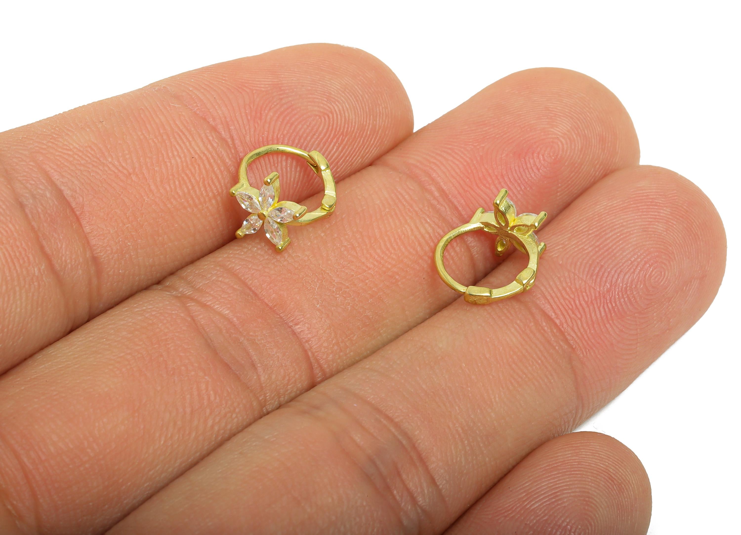 Brass CZ Huggie Hoop Earrings - Mini Raw Brass Marquise Zircon Earring - Dainty Botanical Floral Huggie Hoop Clasp - 11x9.5x7.5mm - PP11359 - DOMEDBAZAAR