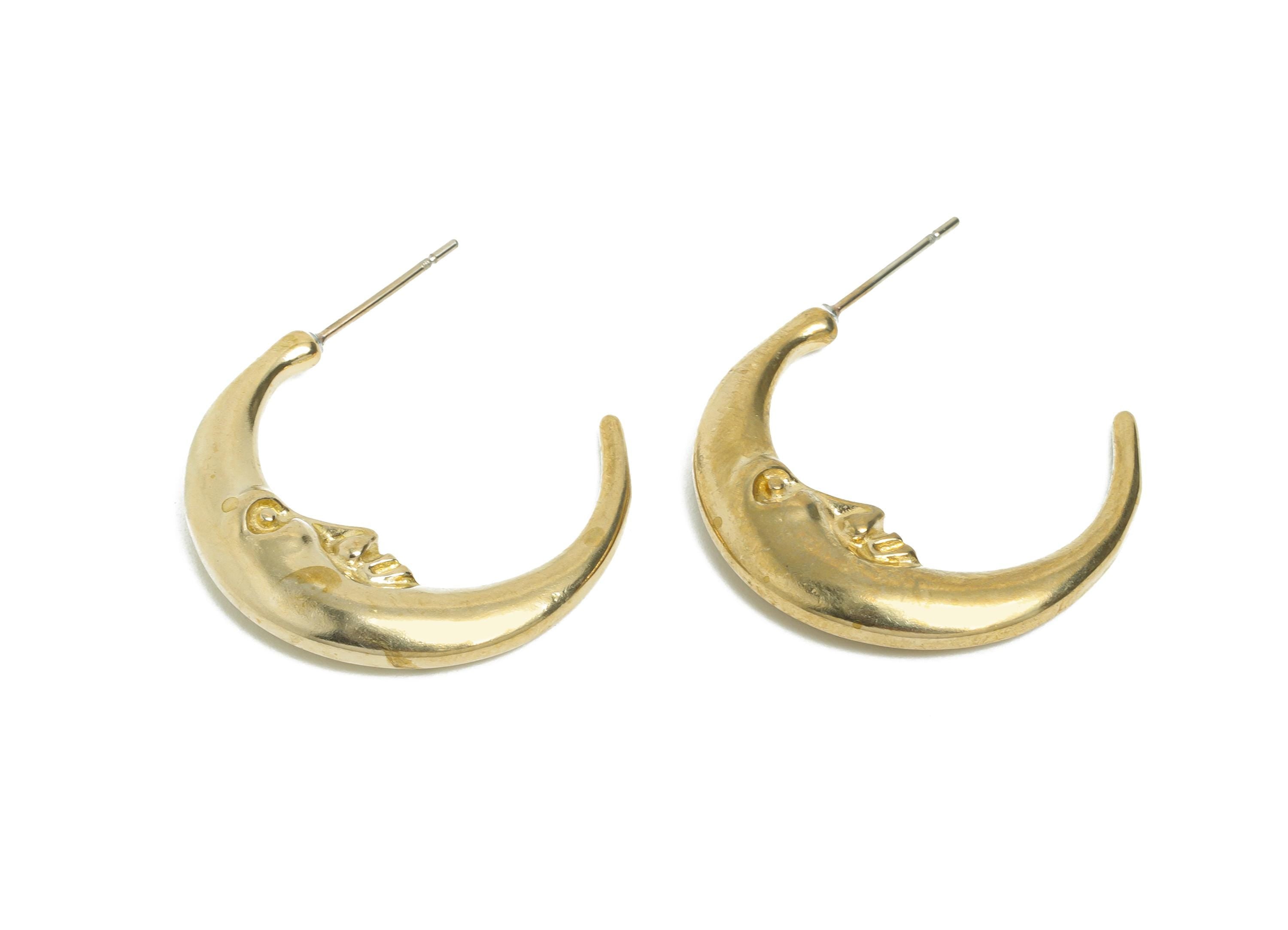 Brass Crescent Moon Face Earring Stud - Raw Brass Celestial Moon Stud - Brass Vintage Lunar Face Crescent Jewelry - 7x5x1mm - PP11225 - DOMEDBAZAAR