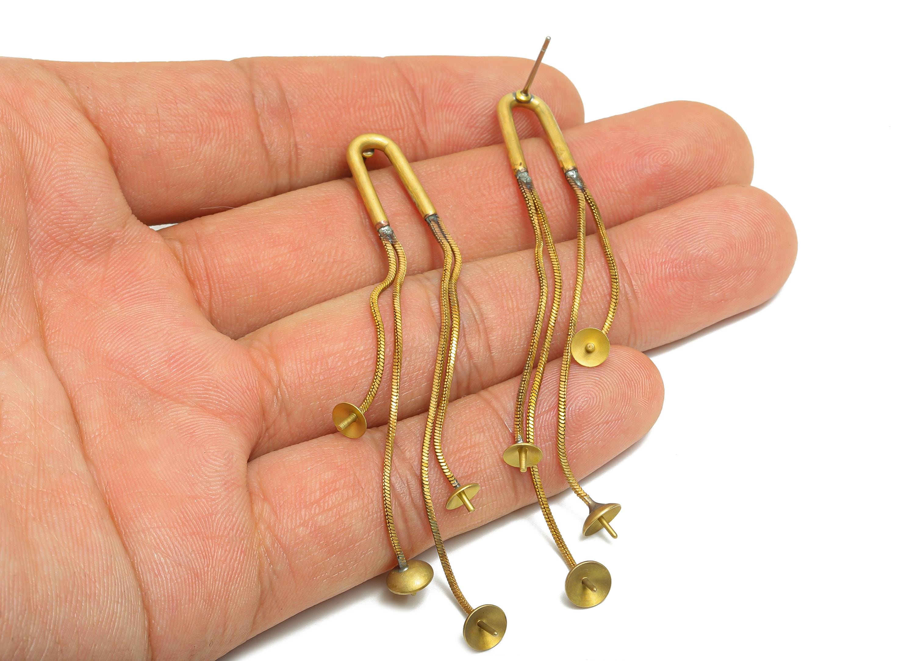 Brass Dangle Chain Earring Stud - Raw Brass Abstract Linear Drop Earring For Pearl - Brass Snake Chain Dangle Earring Post -77x9x1mm-PP11244 - DOMEDBAZAAR