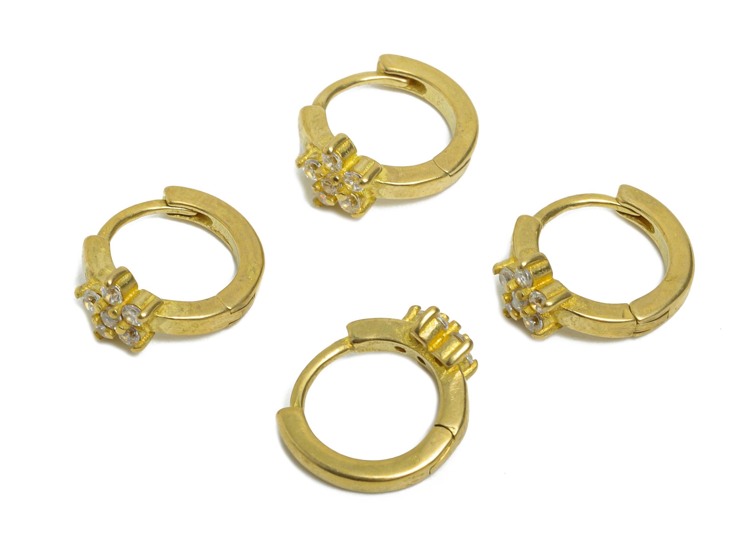 Brass CZ Huggie Hoop Earrings - Raw Brass Flower Zircon Earrings - Dainty Botanical Floral Huggie Hoop Clasp - 12.8x10.64x5.35mm - PP11360 - DOMEDBAZAAR