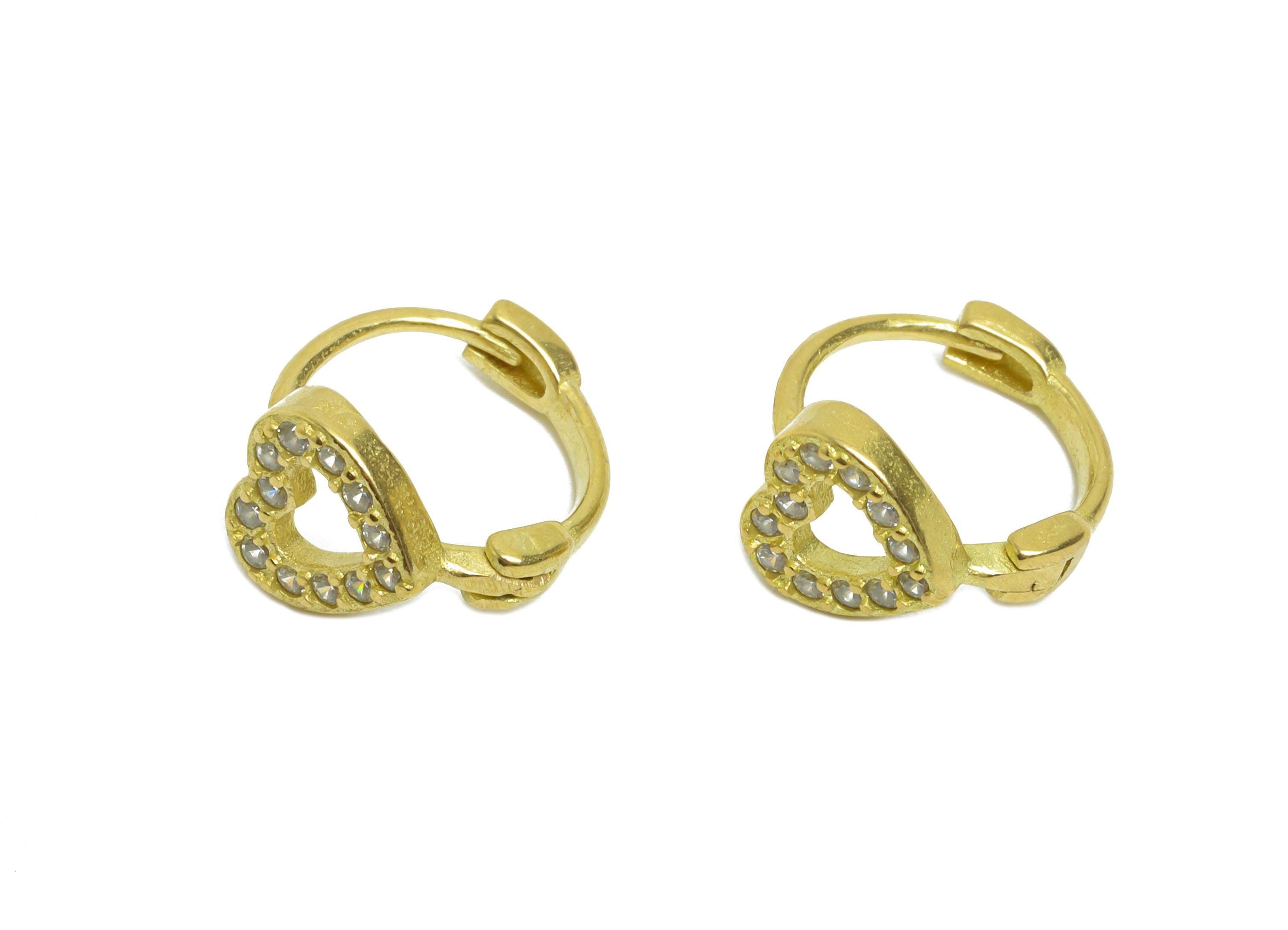 Brass CZ Huggie Hoop Earrings - Raw Brass Everyday Heart Zircon Earrings - Minimalist Brass Huggie Hoop Clasps - 11.9x9.9x6.85mm - PP11298