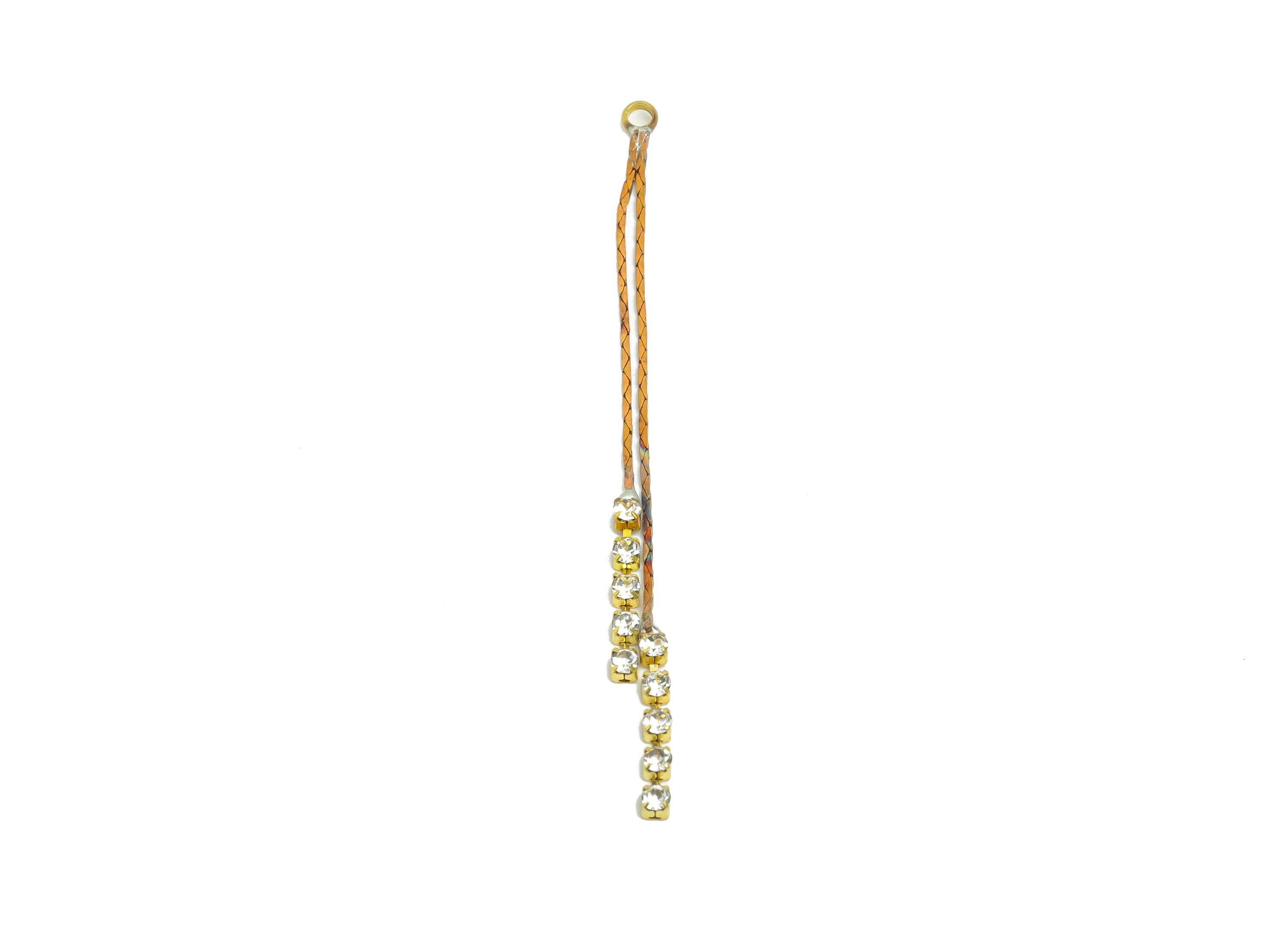 Brass Chain Dangle Charm - Raw Brass Braided Cord with Crystal Chain Pendant - Brass Sparkly Drop Charm for Necklace - 102x12x1mm - PP11399 - DOMEDBAZAAR