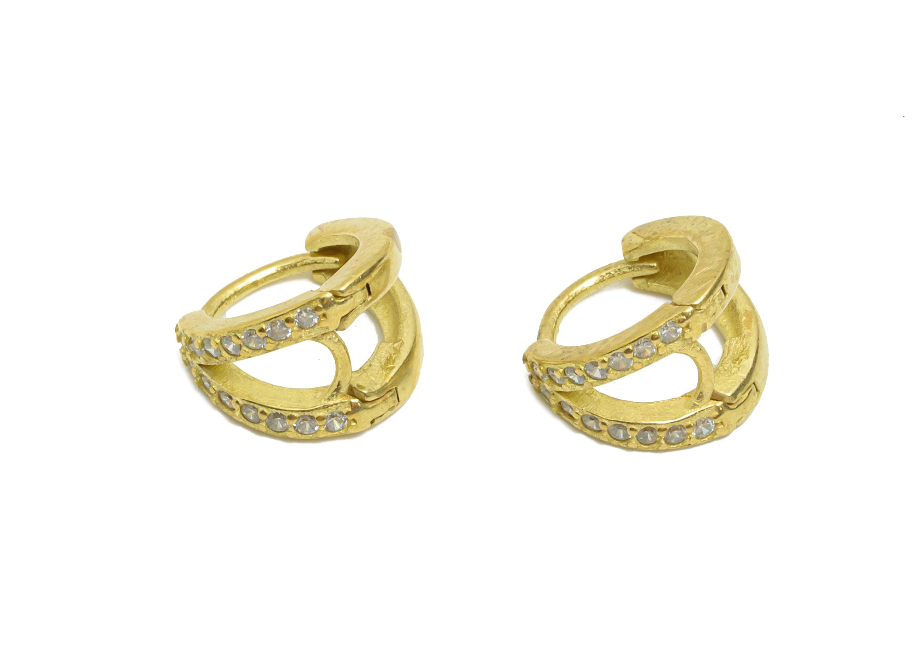 Brass CZ Round Huggie Hoop Earring - Tiny Raw Brass Double Hoop Zircon Earrings - Minimalist Huggie Hoop Clasps - 9.17x8.21x6.27mm - PP11317