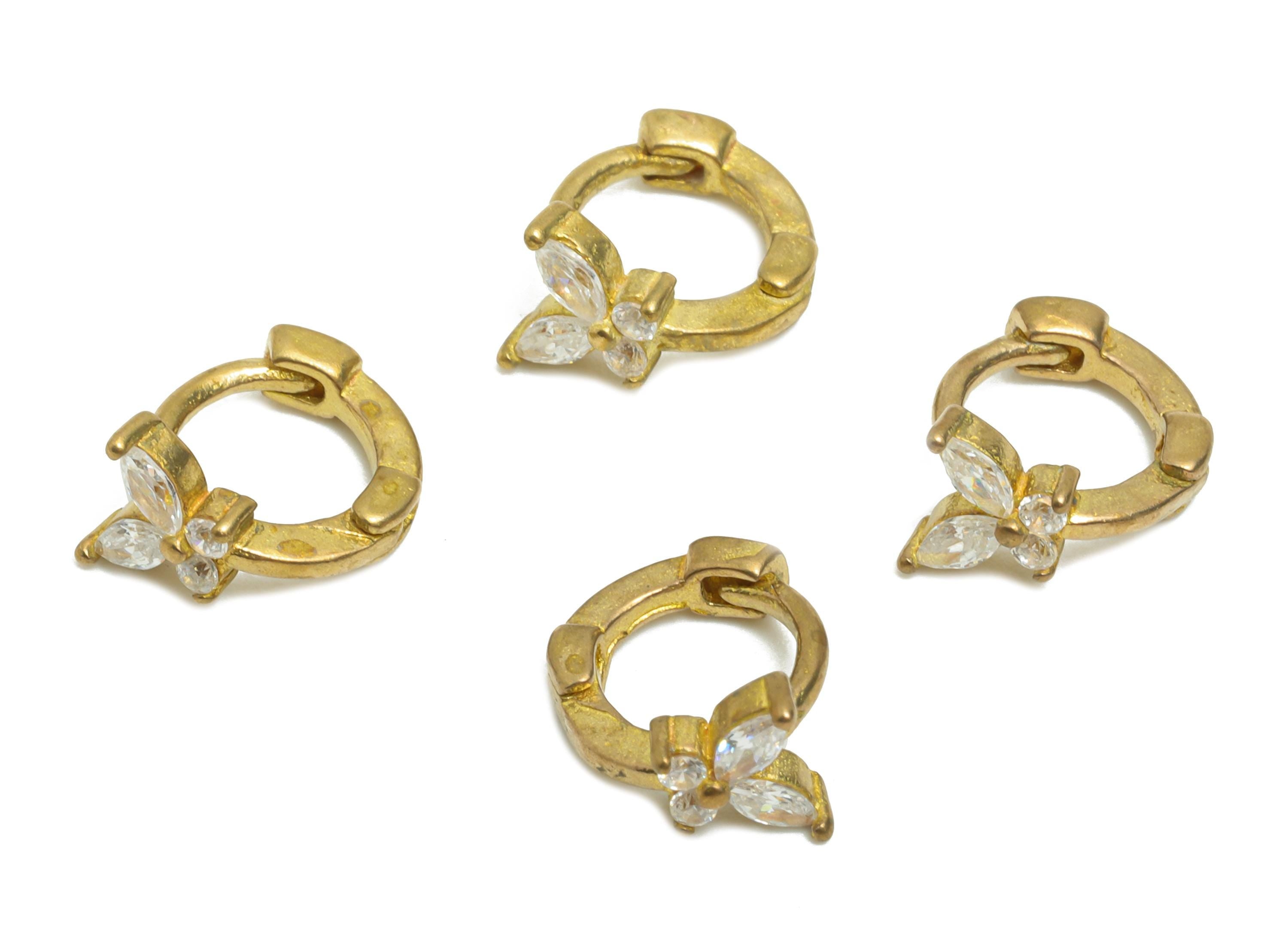 Brass CZ Huggie Hoop Earring - Tiny Raw Brass Butterfly Zircon Earring - Refined Huggie Hoop Clasp - Earring Finding - 9x7.7x5.3mm - PP11348 - DOMEDBAZAAR