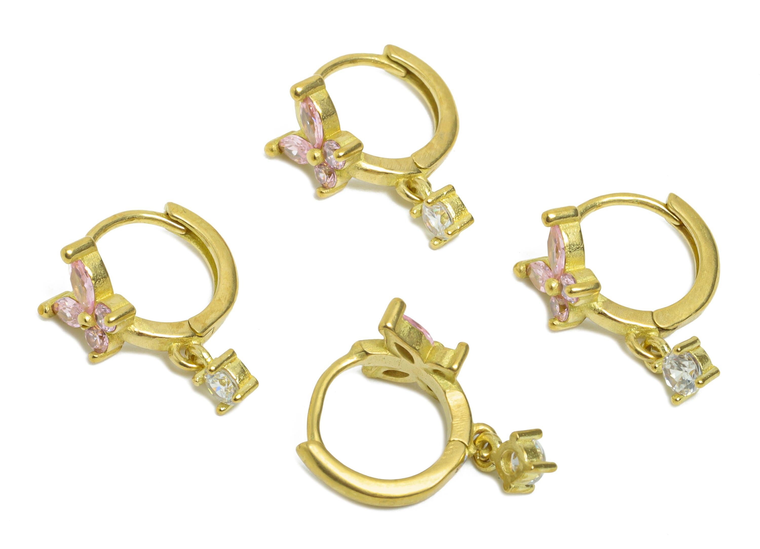 Brass CZ Dangle Huggie Hoop Earring - Raw Brass Butterfly Zircon Earring - Chic Huggie Hoop Clasp - Earring Finding - 12.7x12x7.5mm -PP11275 - DOMEDBAZAAR