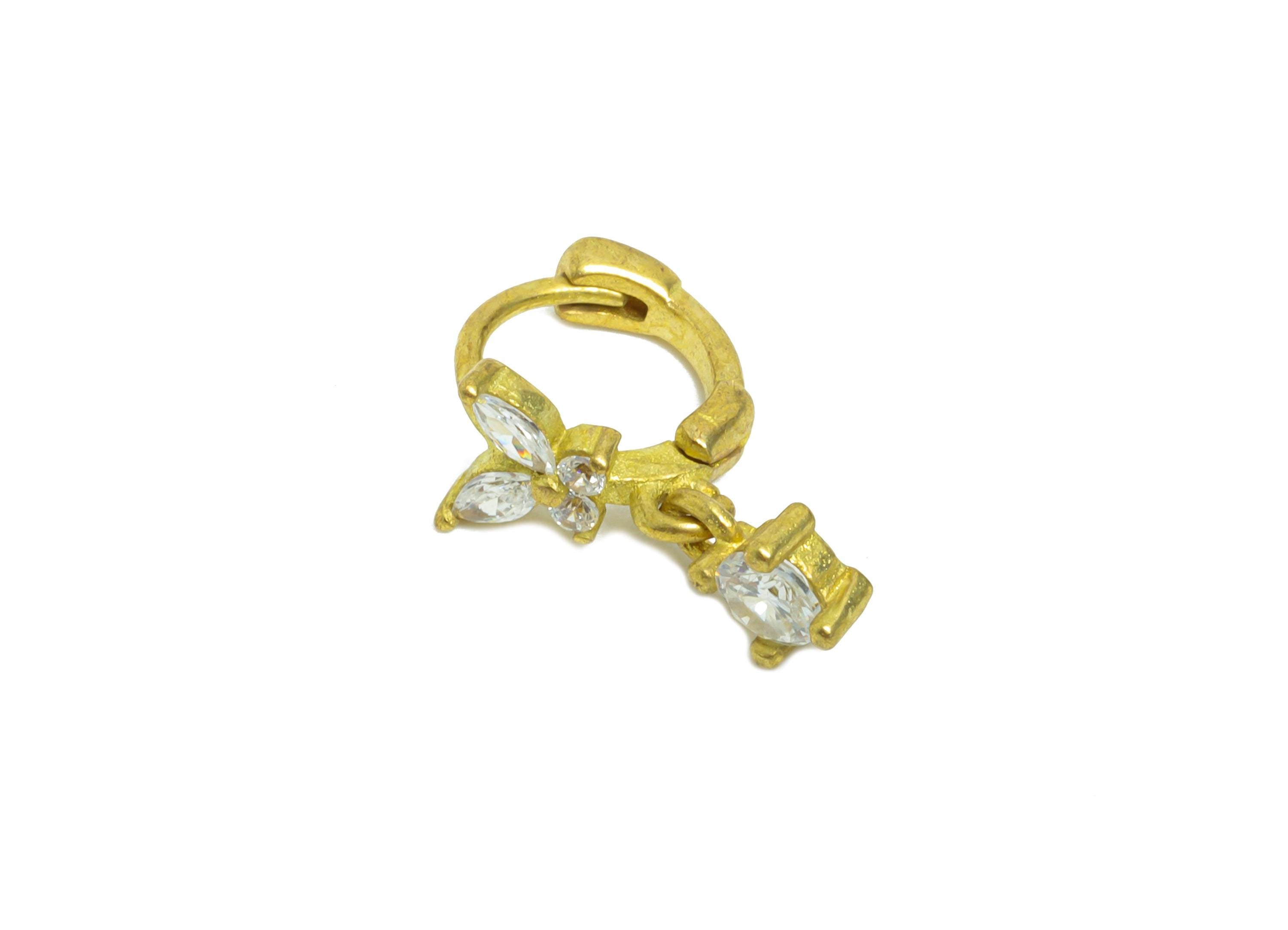 Brass CZ Dangle Huggie Hoop Earrings - Tiny Raw Brass Butterfly Zircon Earrings - Delicate Huggie Hoop Clasp - 9.63x7.68x5mm - PP11341 - DOMEDBAZAAR