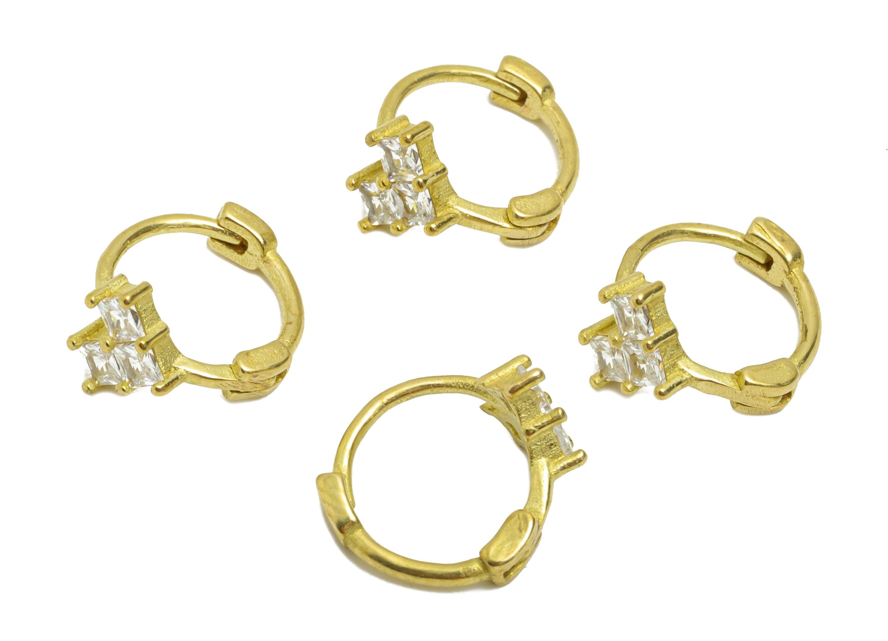 Brass CZ Huggie Hoop Earrings - Raw Brass Geometric Zircon Earrings - Everyday Dainty Brass Huggie Hoop Clasps - 11x9.75x6.67mm - PP11316