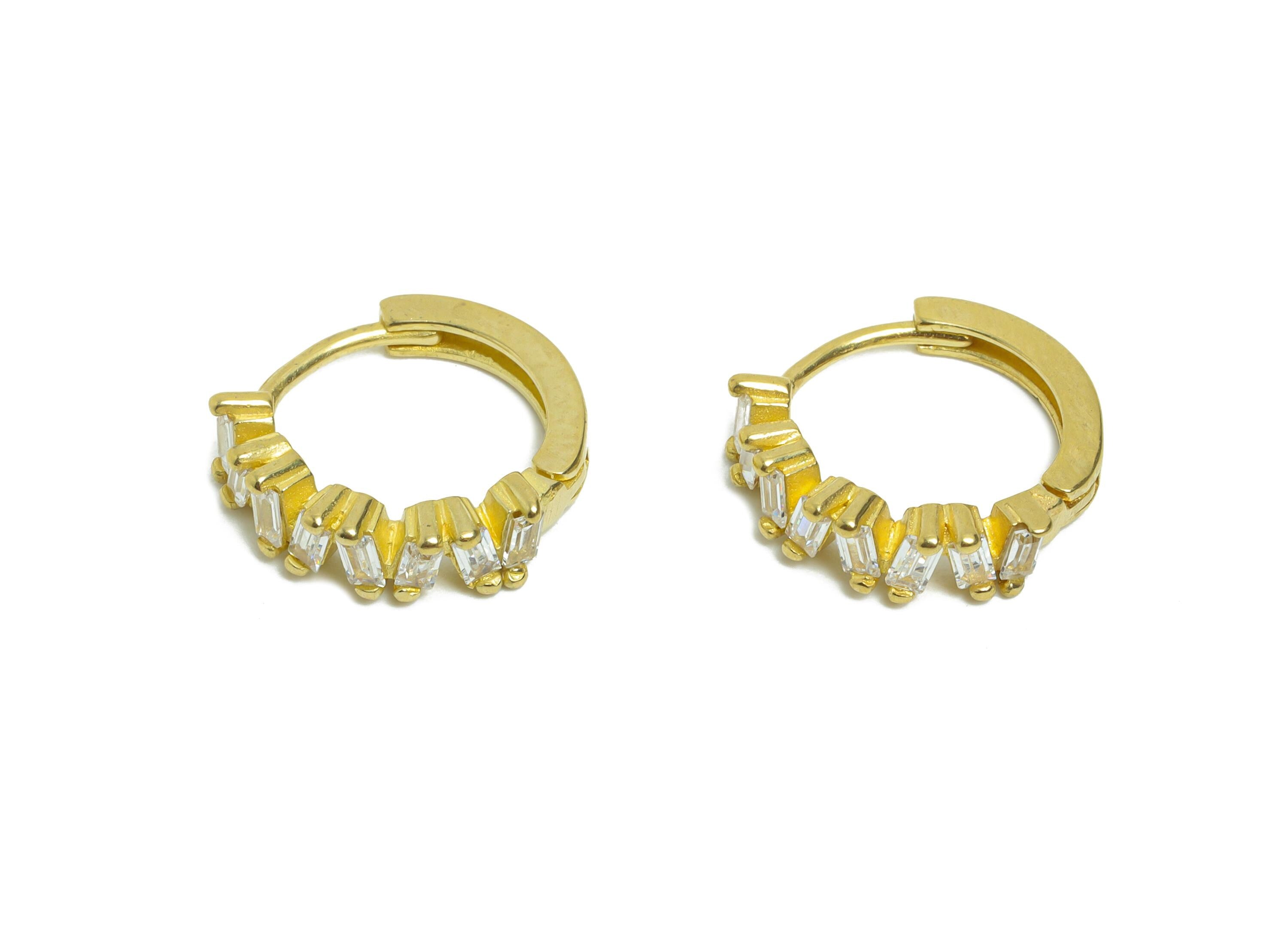 Brass CZ Rectangle Huggie Hoop Earrings - Raw Brass Geometric Zircon Earrings - Everyday Dainty Brass Huggie Hoop - 14x13x3.71mm - PP11305 - DOMEDBAZAAR