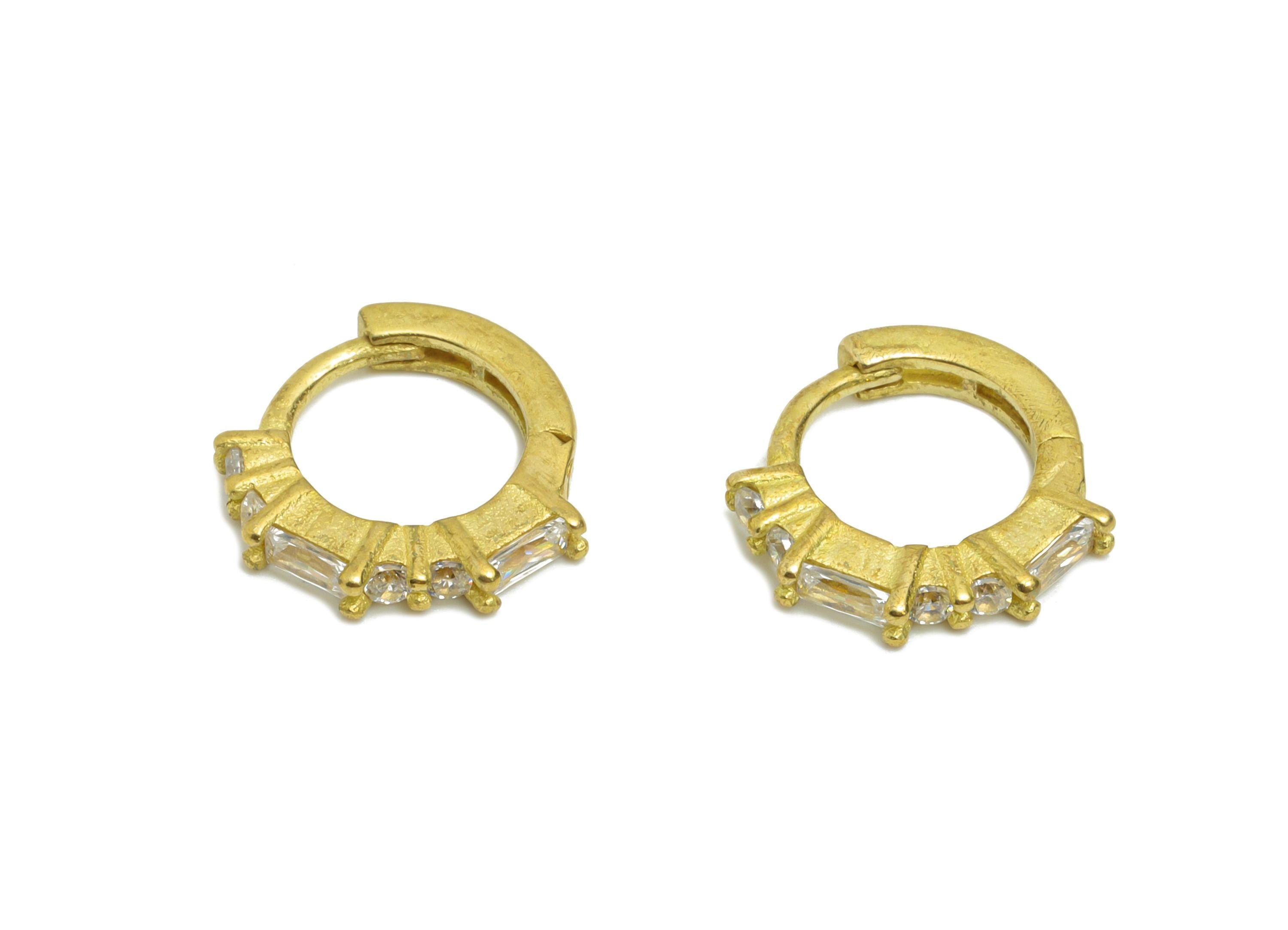 Brass CZ Huggie Hoop Earrings - Raw Brass Geometric Zircon Earrings - Classic Huggie Hoop Clasps - Everyday Wear - 11.24x10.86x2mm - PP11347
