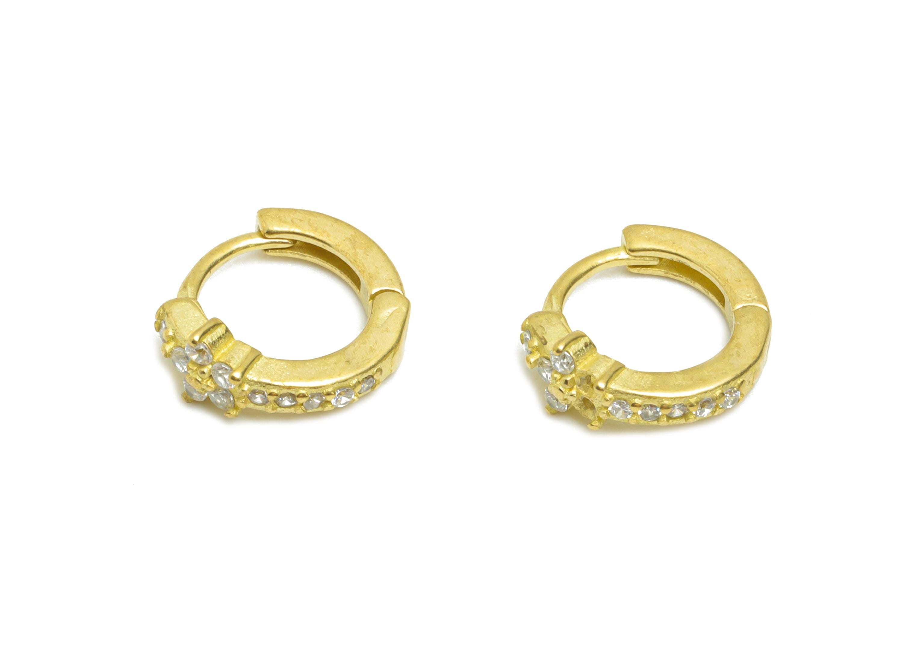 Brass CZ Floral Huggie Hoop Earring - Mini Raw Brass Flower Zircon Earring - Huggie Hoop Clasp - Everyday Wear - 10.48x9.43x4mm - PP11282 - DOMEDBAZAAR