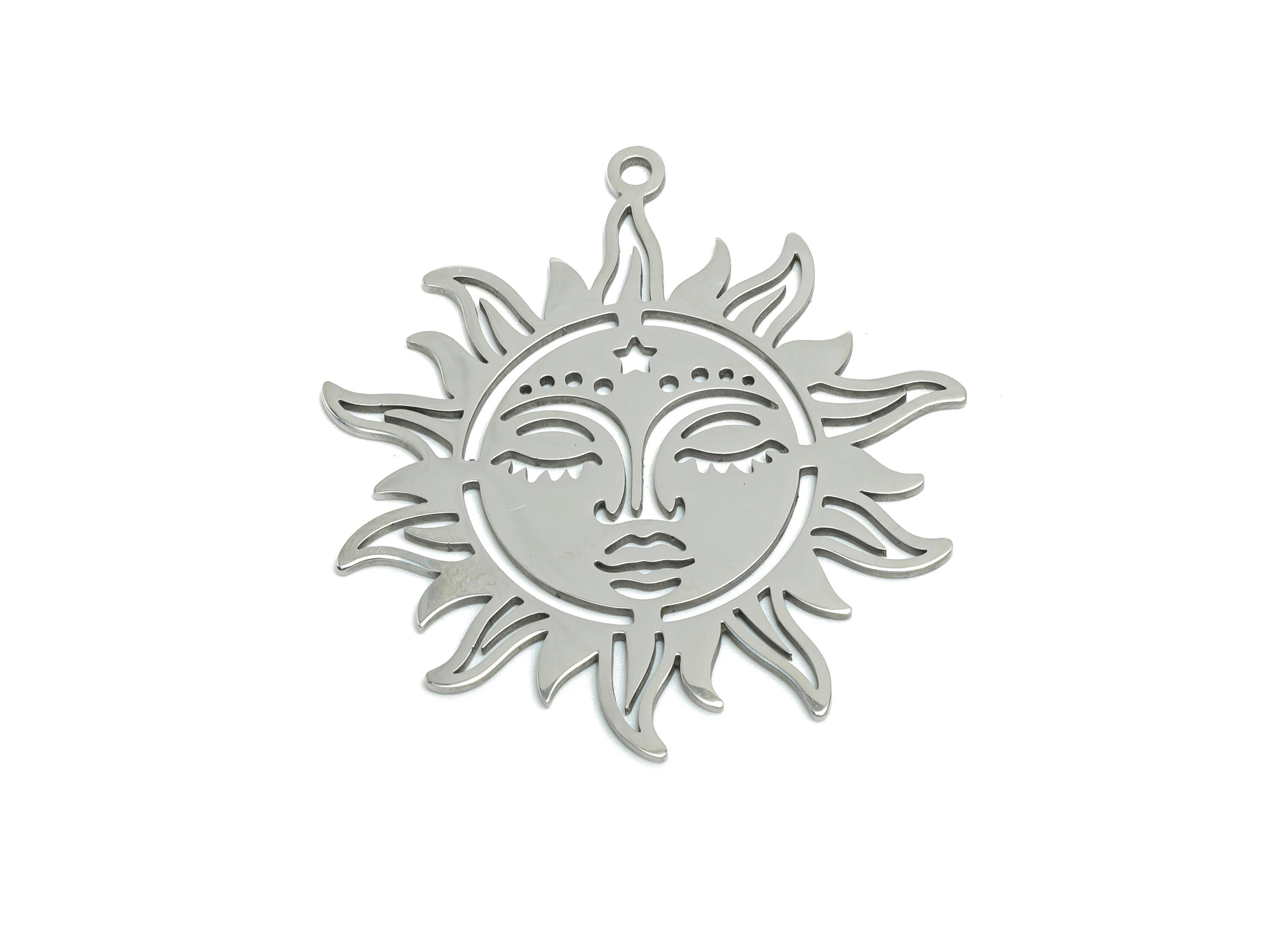 Celestial Sun Face Pendant - Steel Boho Sun Goddess Charm - Mystical Sunburst Pendant - Metal DIY Jewelry Making - 35.36x33x0.98mm - SS2619 - DOMEDBAZAAR