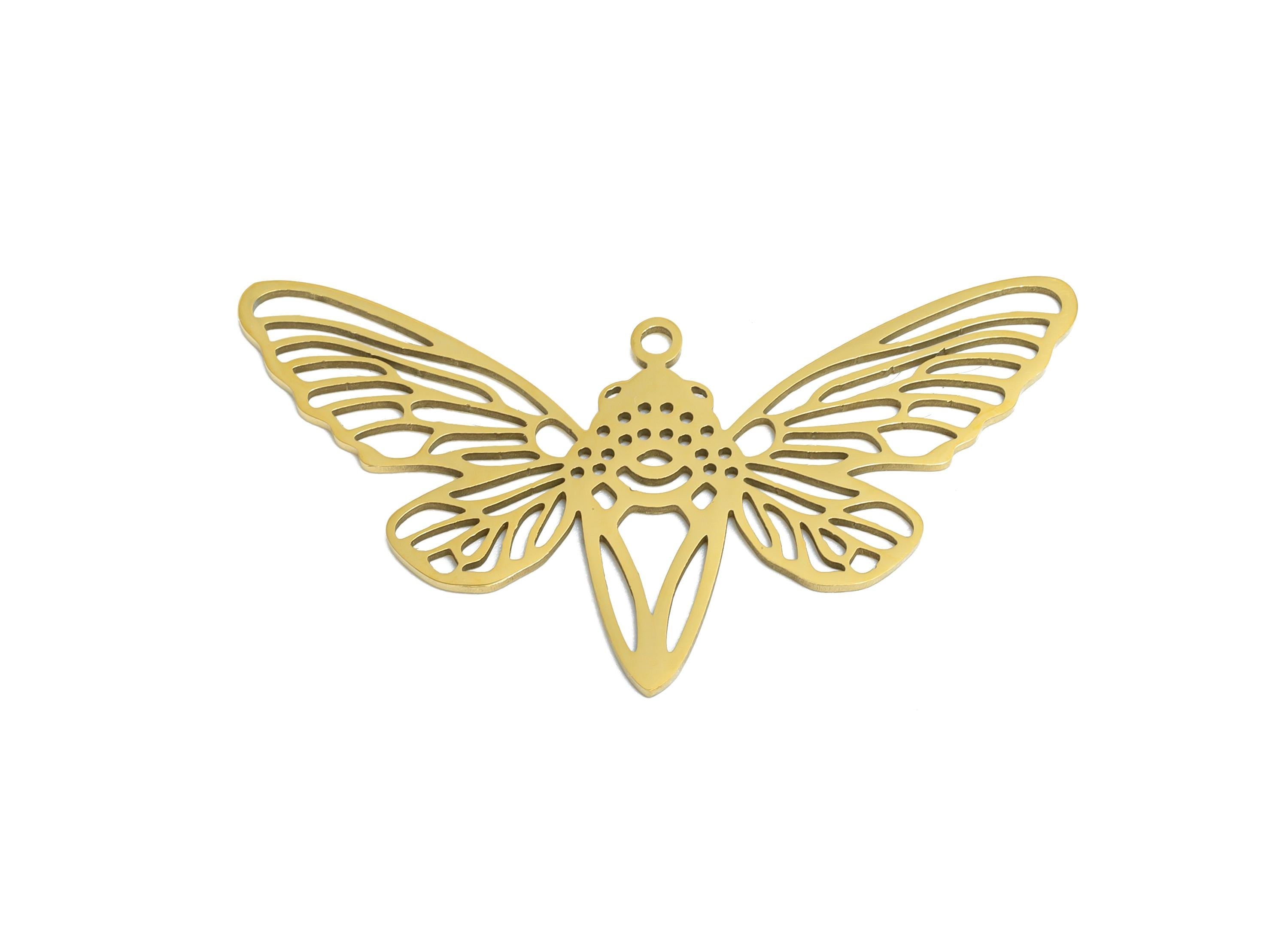 Cicada Metal Pendant - Stainless Steel Insect Charm - Gold Color Boho Bug Necklace Pendant - 8k Vacuum Gold Plating - 38x20x0.98mm - SS2616G