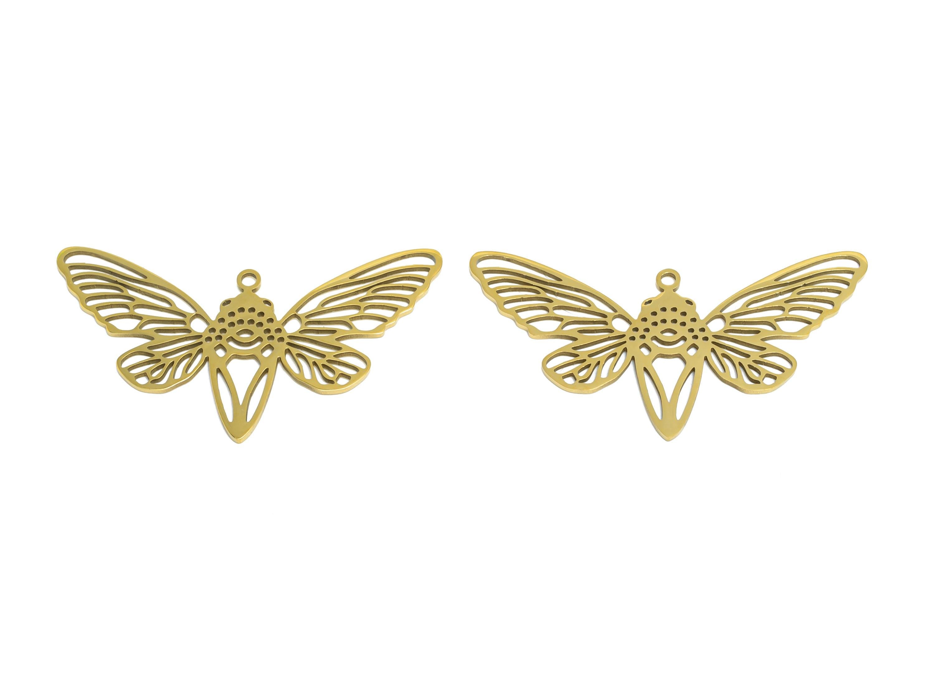 Cicada Metal Pendant - Stainless Steel Insect Charm - Gold Color Boho Bug Necklace Pendant - 8k Vacuum Gold Plating - 38x20x0.98mm - SS2616G