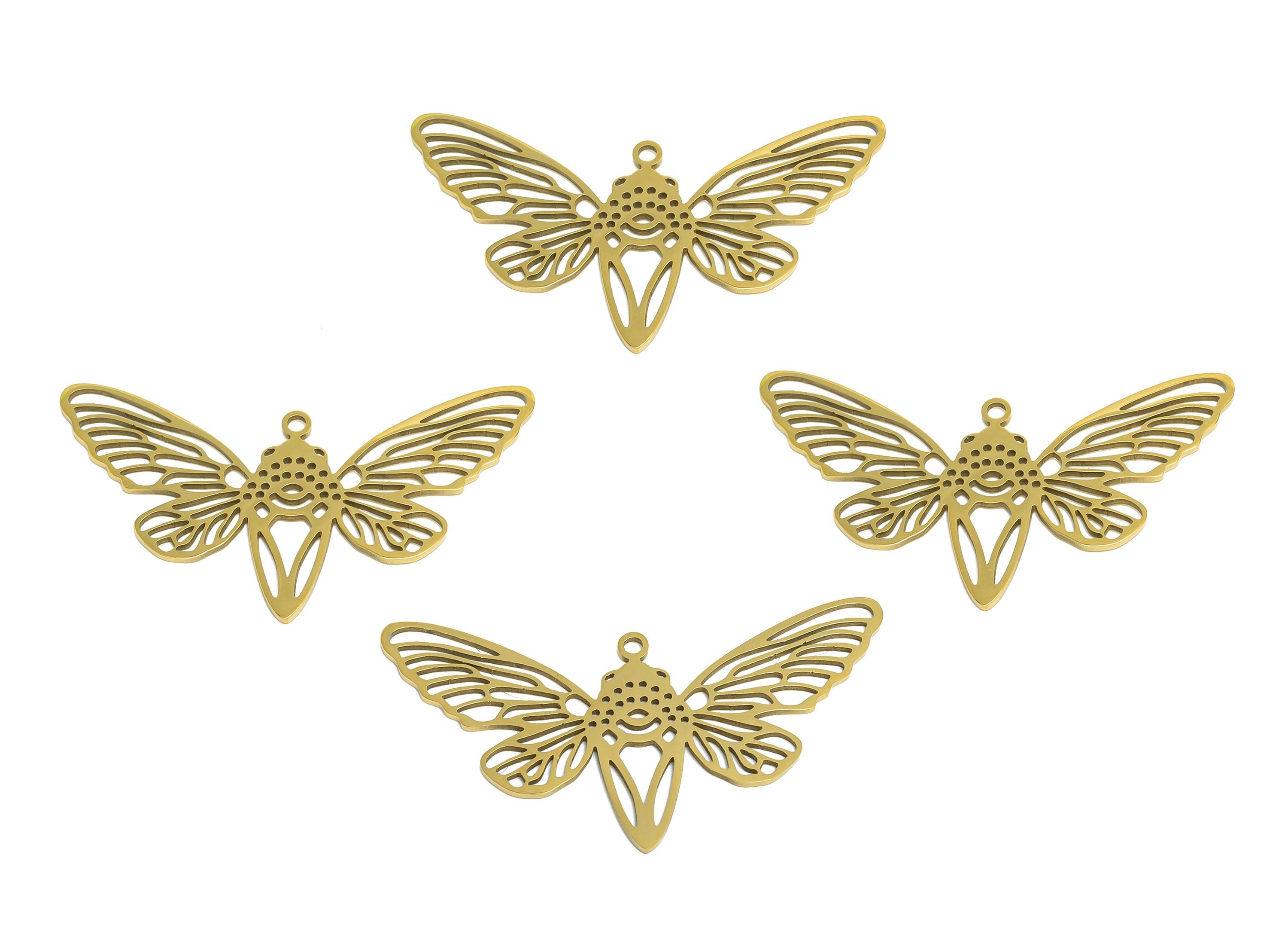 Cicada Metal Pendant - Stainless Steel Insect Charm - Gold Color Boho Bug Necklace Pendant - 8k Vacuum Gold Plating - 38x20x0.98mm - SS2616G