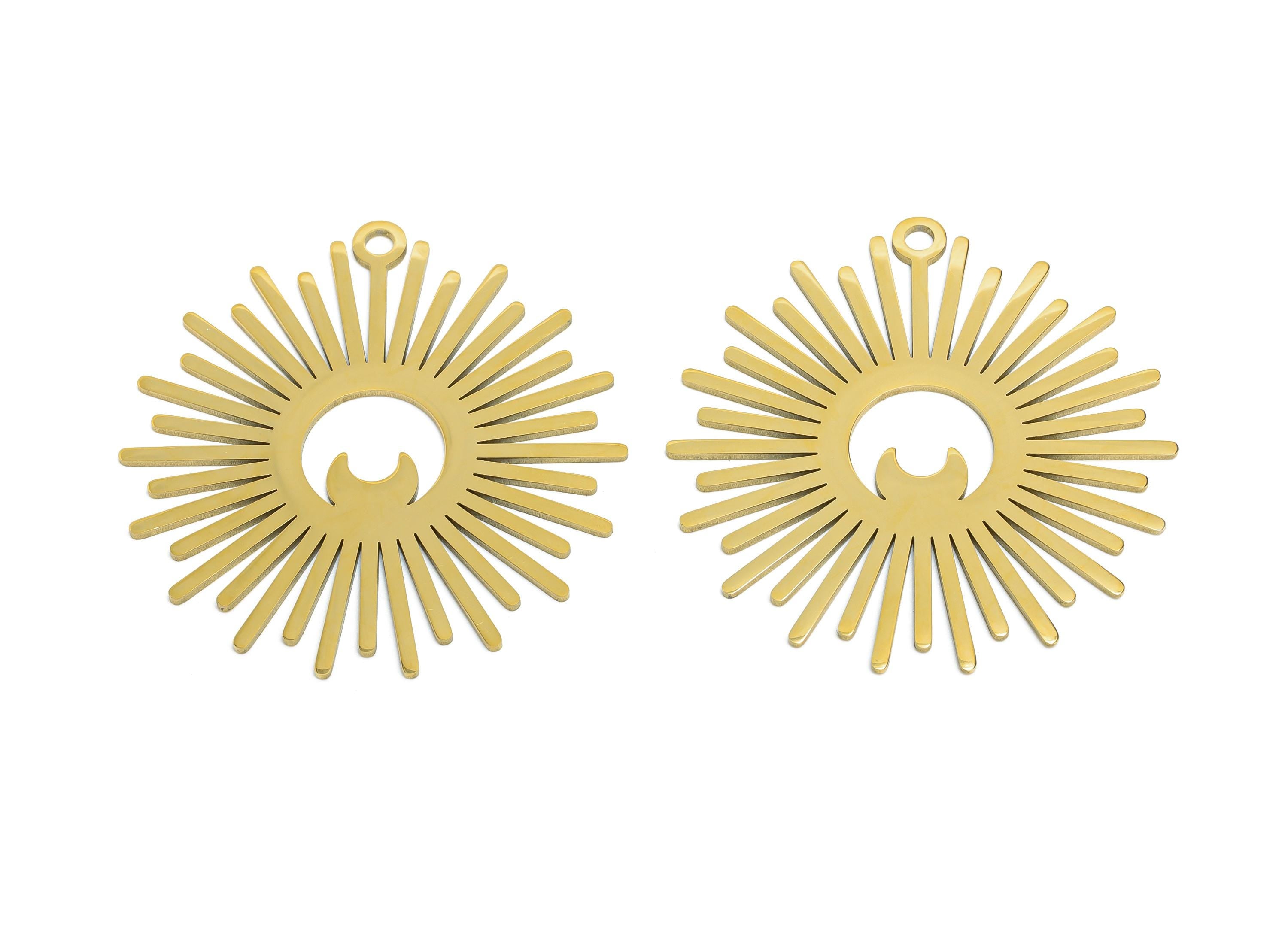 Stainless Steel Sun Charm - Geometric Crescent Pendant - Modern Sunburst Jewelry Making - 18k Vacuum Gold Plating  - 37x35x0.98mm - SS2618G