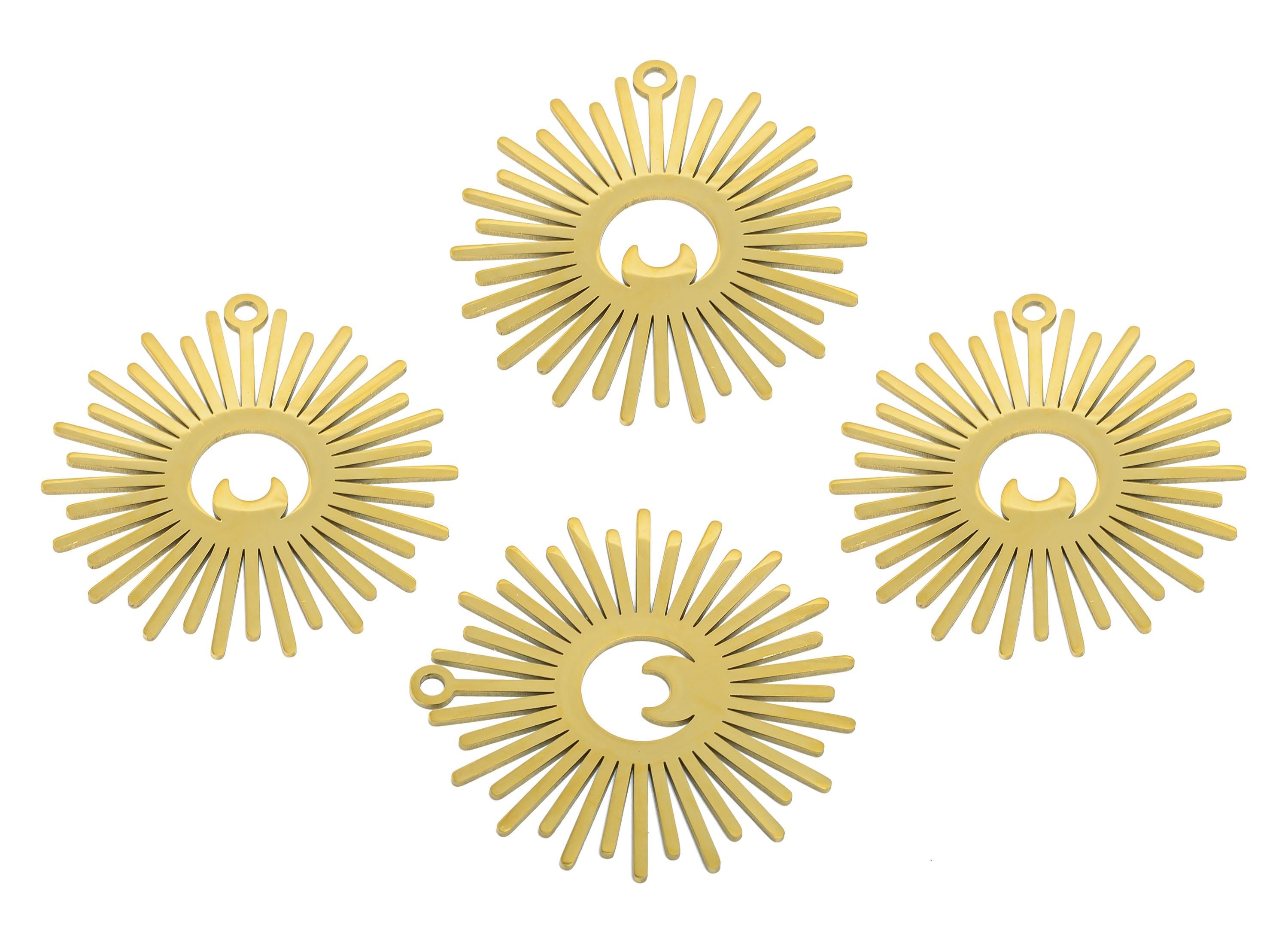 Stainless Steel Sun Charm - Geometric Crescent Pendant - Modern Sunburst Jewelry Making - 18k Vacuum Gold Plating  - 37x35x0.98mm - SS2618G - DOMEDBAZAAR