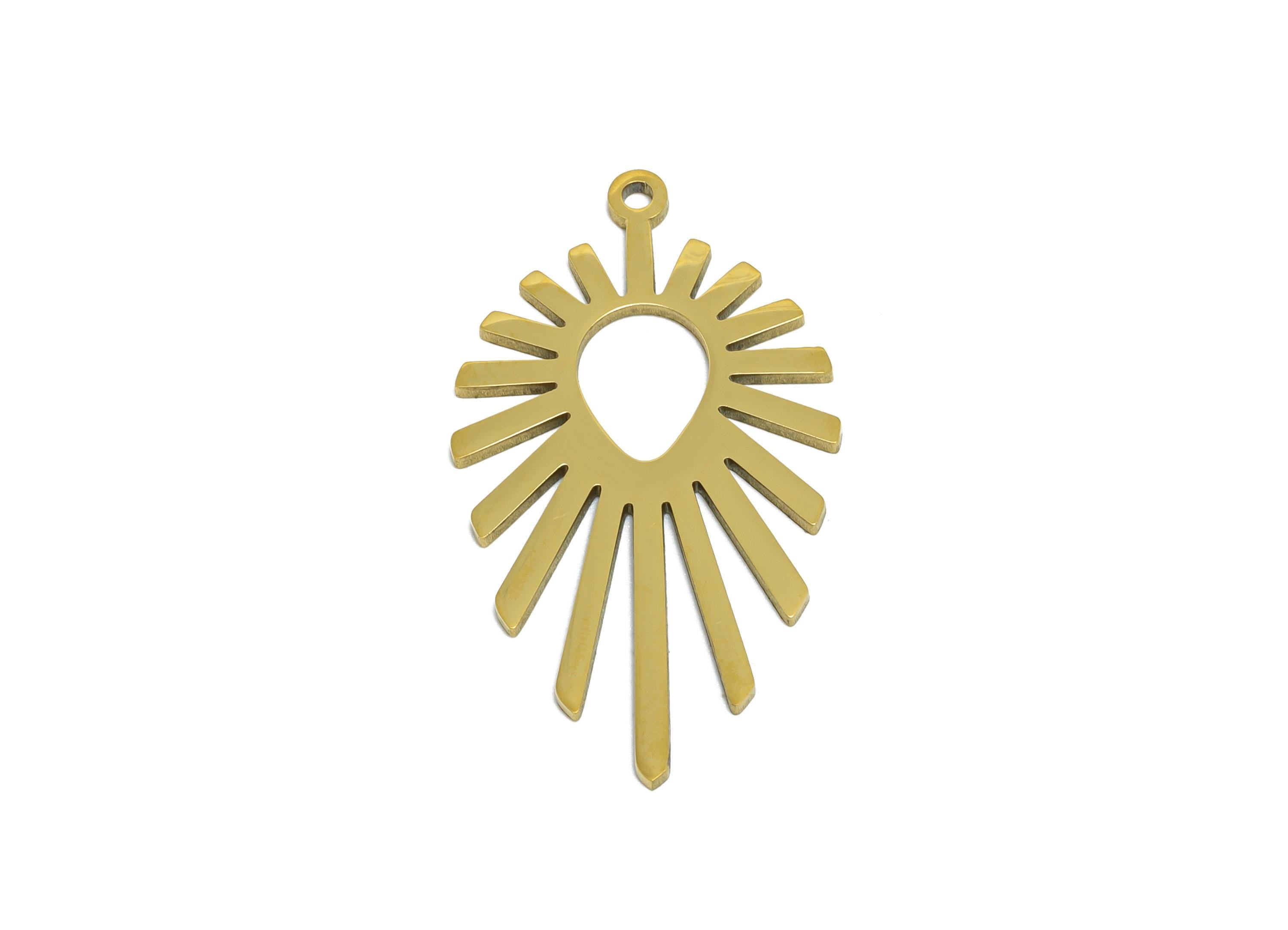 Drop Steel Sun Charm - Steel Sunburst Pendant with Drop Cutout - Celestial Sun Ray Charm - 18k Vacuum Gold Plating - 30x16x0.98mm - SS2609G