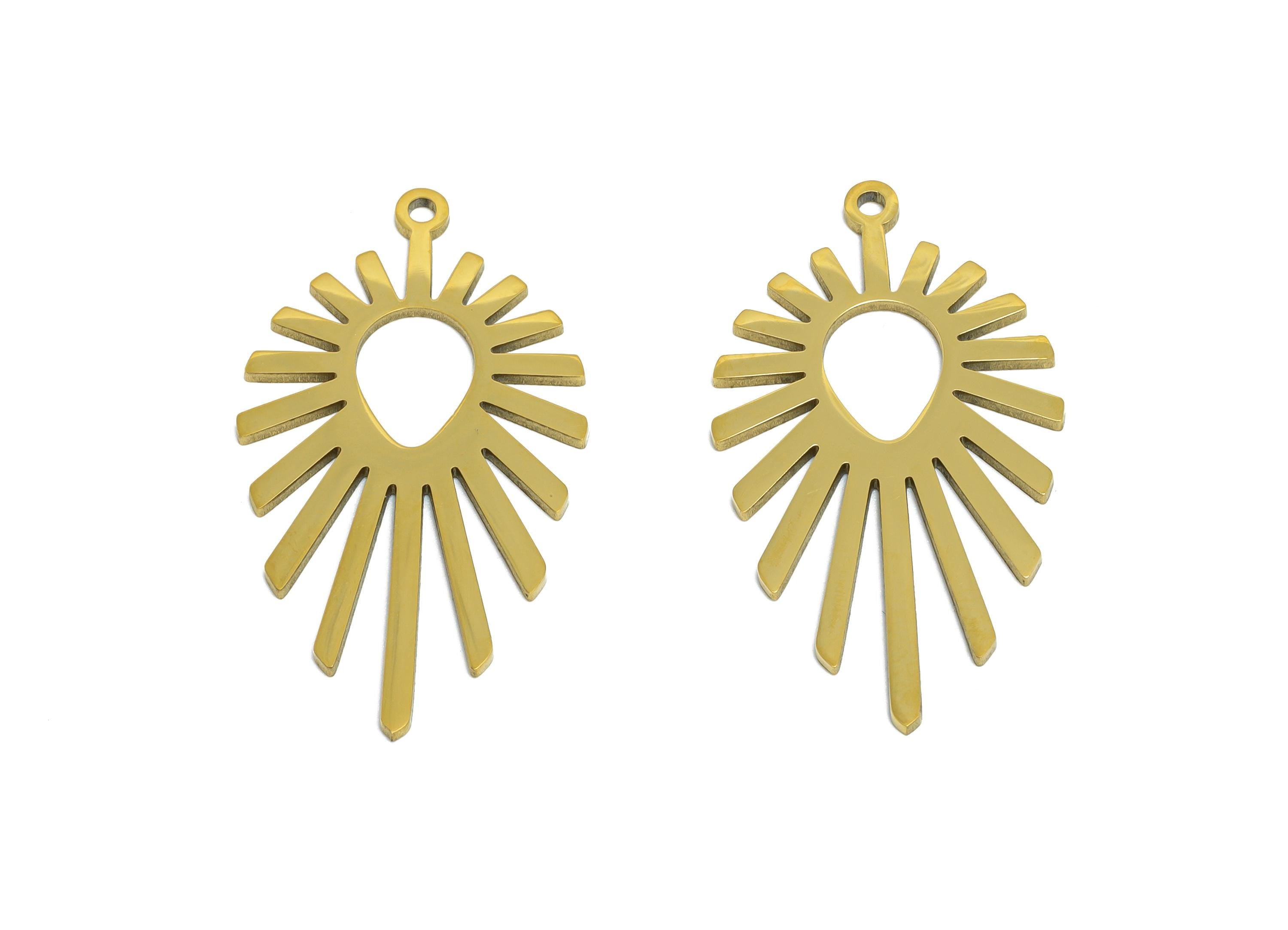 Drop Steel Sun Charm - Steel Sunburst Pendant with Drop Cutout - Celestial Sun Ray Charm - 18k Vacuum Gold Plating - 30x16x0.98mm - SS2609G