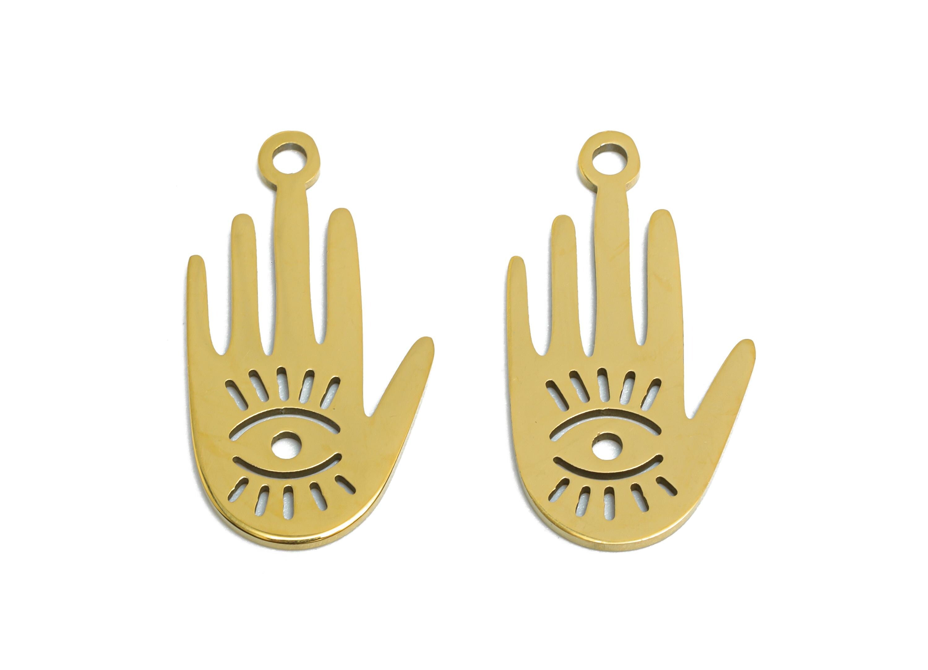 Steel Hamsa Hand Pendant - Vintage Evil Eye Protection Charm - Protective Symbol DIY Jewelry - 18K Real Vacuum Plated - 21x11x0.9mm -SS2373G - DOMEDBAZAAR