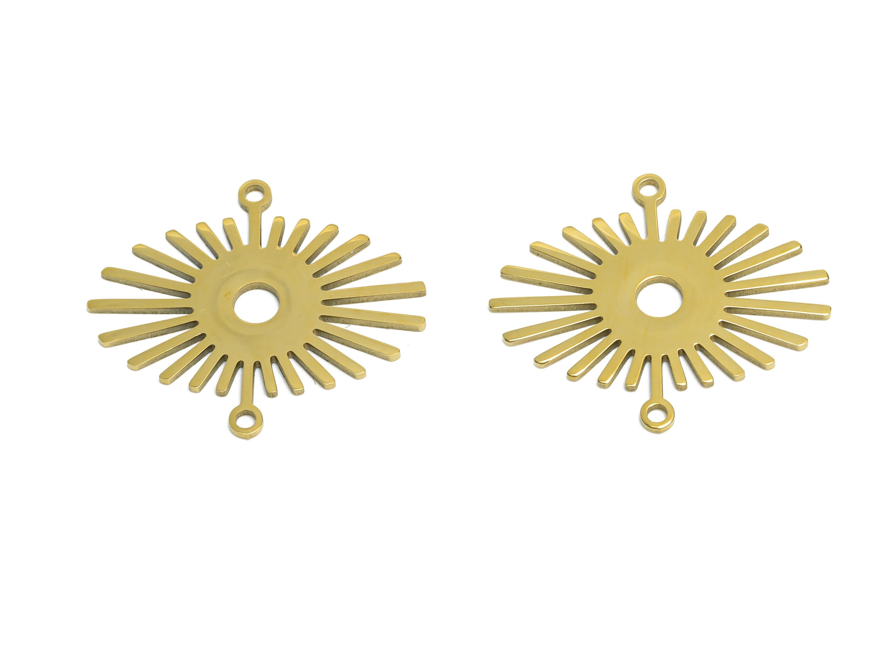 Steel Sunshine Connector - Stainless Steel Sunburst Charm - Geometric Sunburst Jewelry - 18k Vacuum Gold Plating - 23x20x0.98mm - SS2610G