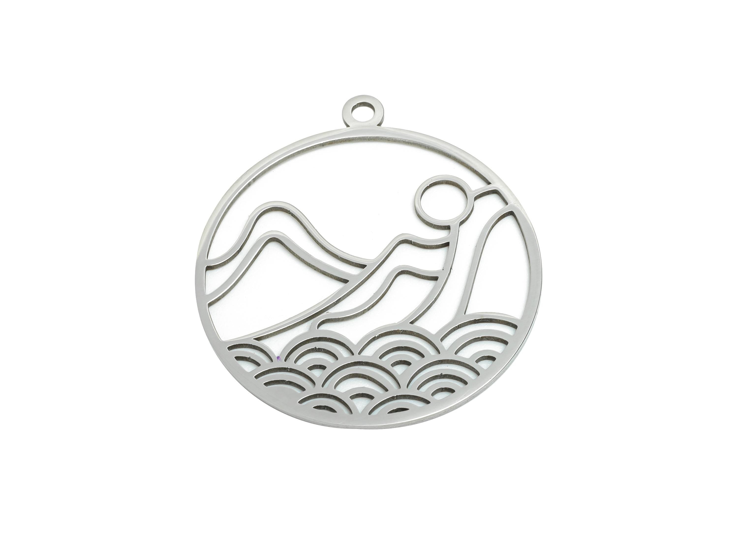 Minimalist Landscape Pendant - Round Geometric Hollow Charm - Cutout Mountain Waves Sun Necklace - DIY Steel Finding - 33x30x0.98mm - SS2615 - DOMEDBAZAAR