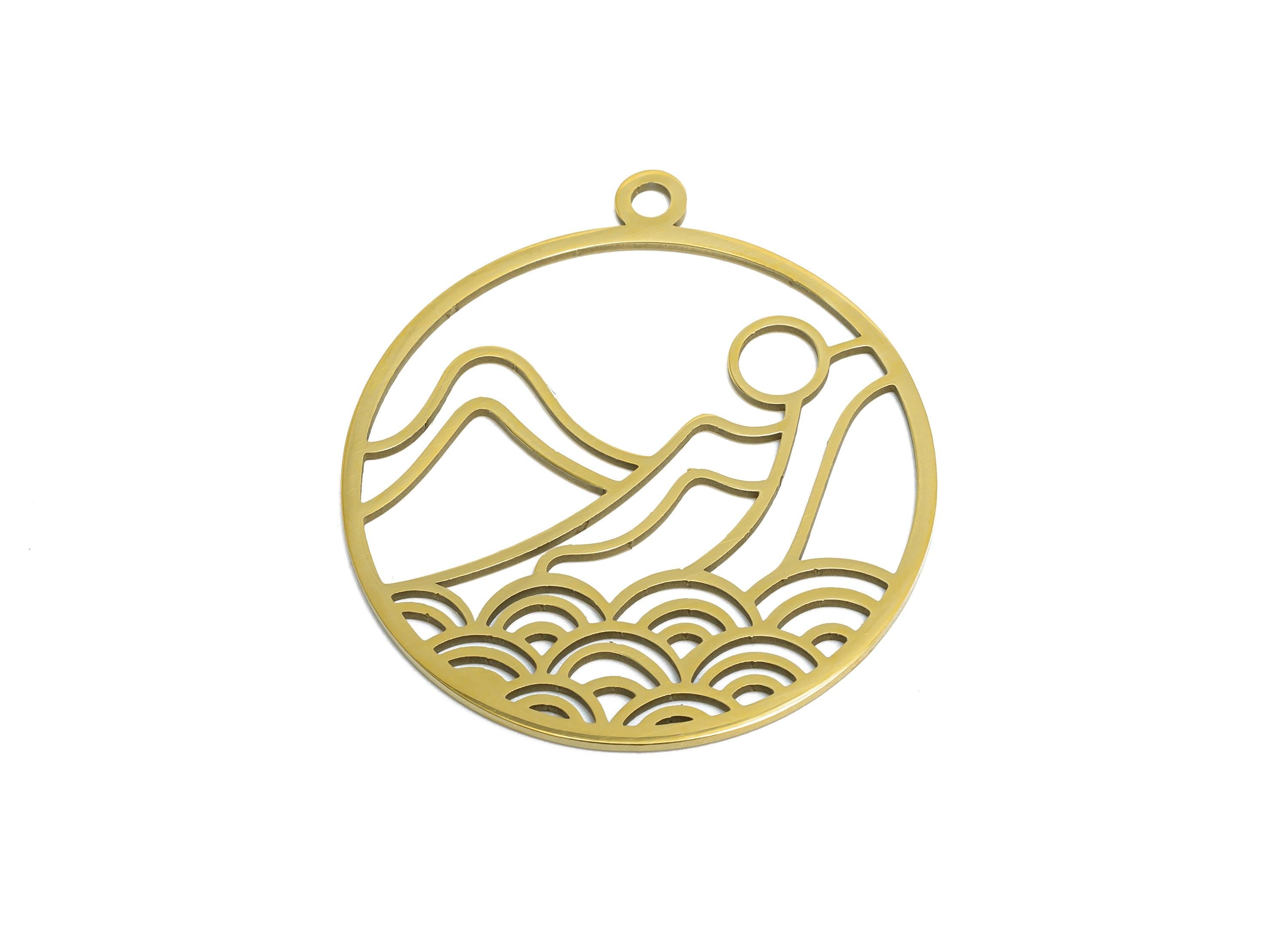 Minimalist Landscape Pendant - Round Geometric Hollow Charm - Cutout Mountain Waves Sun Charm - 18K Vacuum Plated - 33x30x0.98mm - SS2615G