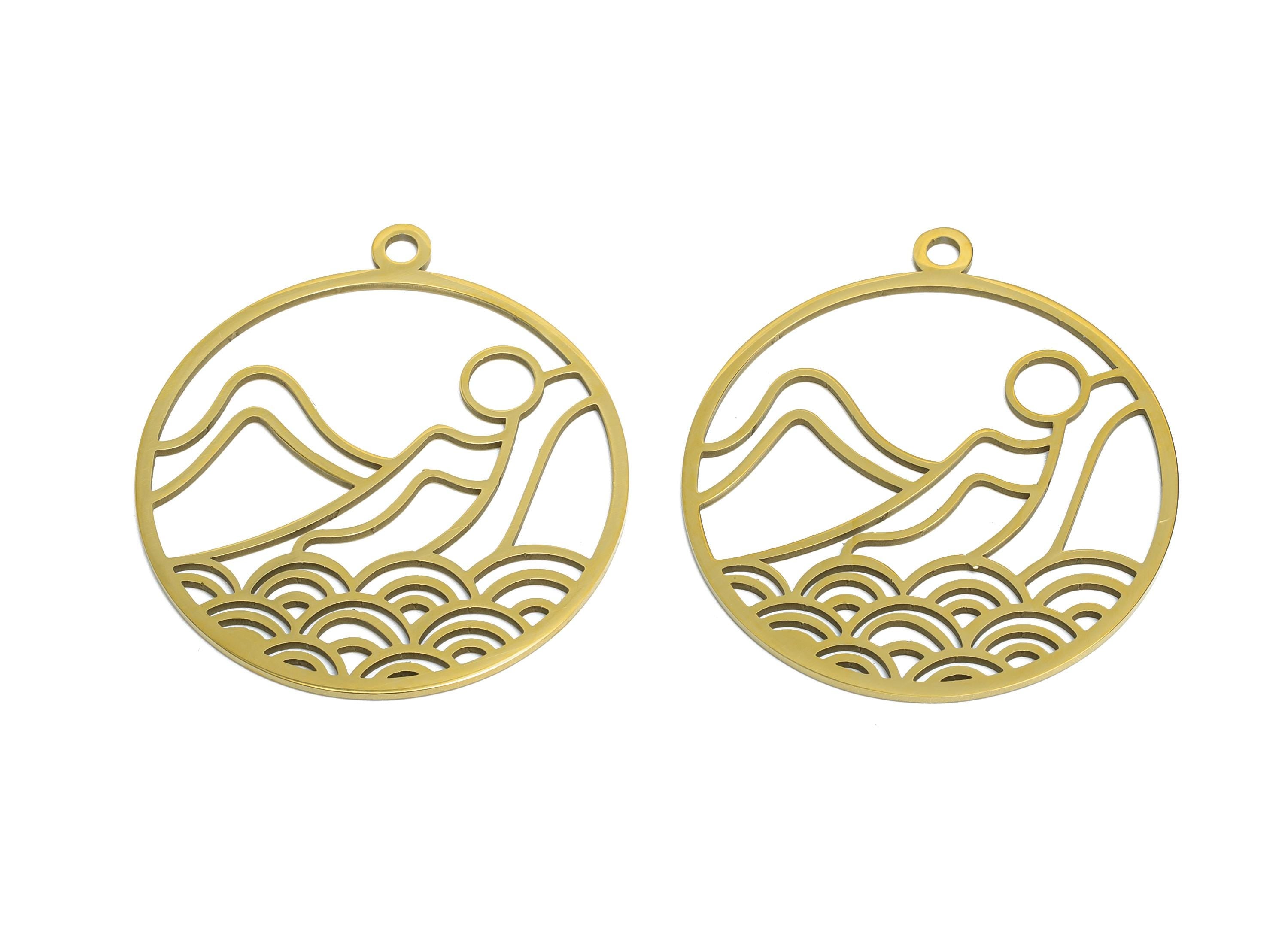 Minimalist Landscape Pendant - Round Geometric Hollow Charm - Cutout Mountain Waves Sun Charm - 18K Vacuum Plated - 33x30x0.98mm - SS2615G