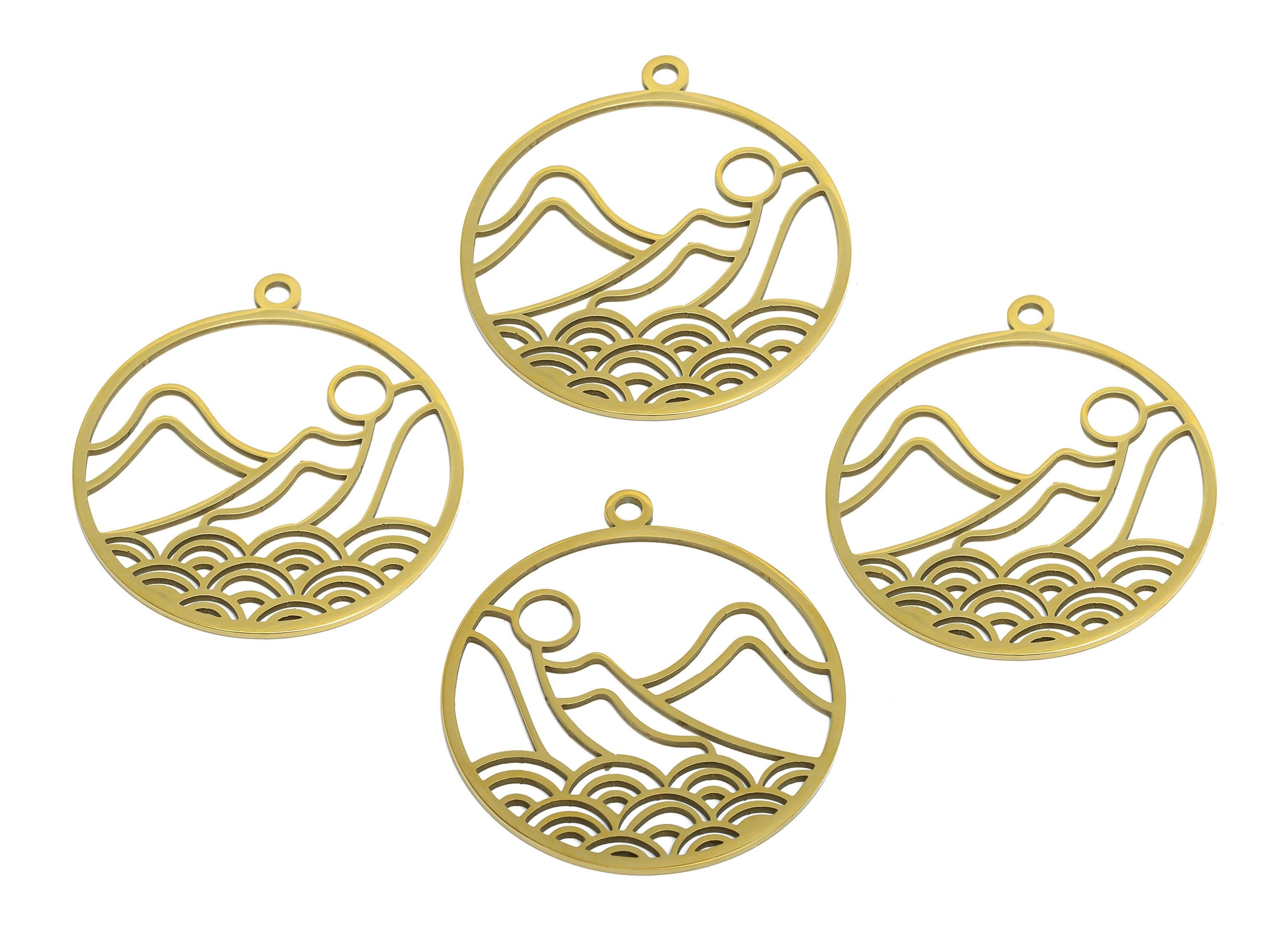 Minimalist Landscape Pendant - Round Geometric Hollow Charm - Cutout Mountain Waves Sun Charm - 18K Vacuum Plated - 33x30x0.98mm - SS2615G