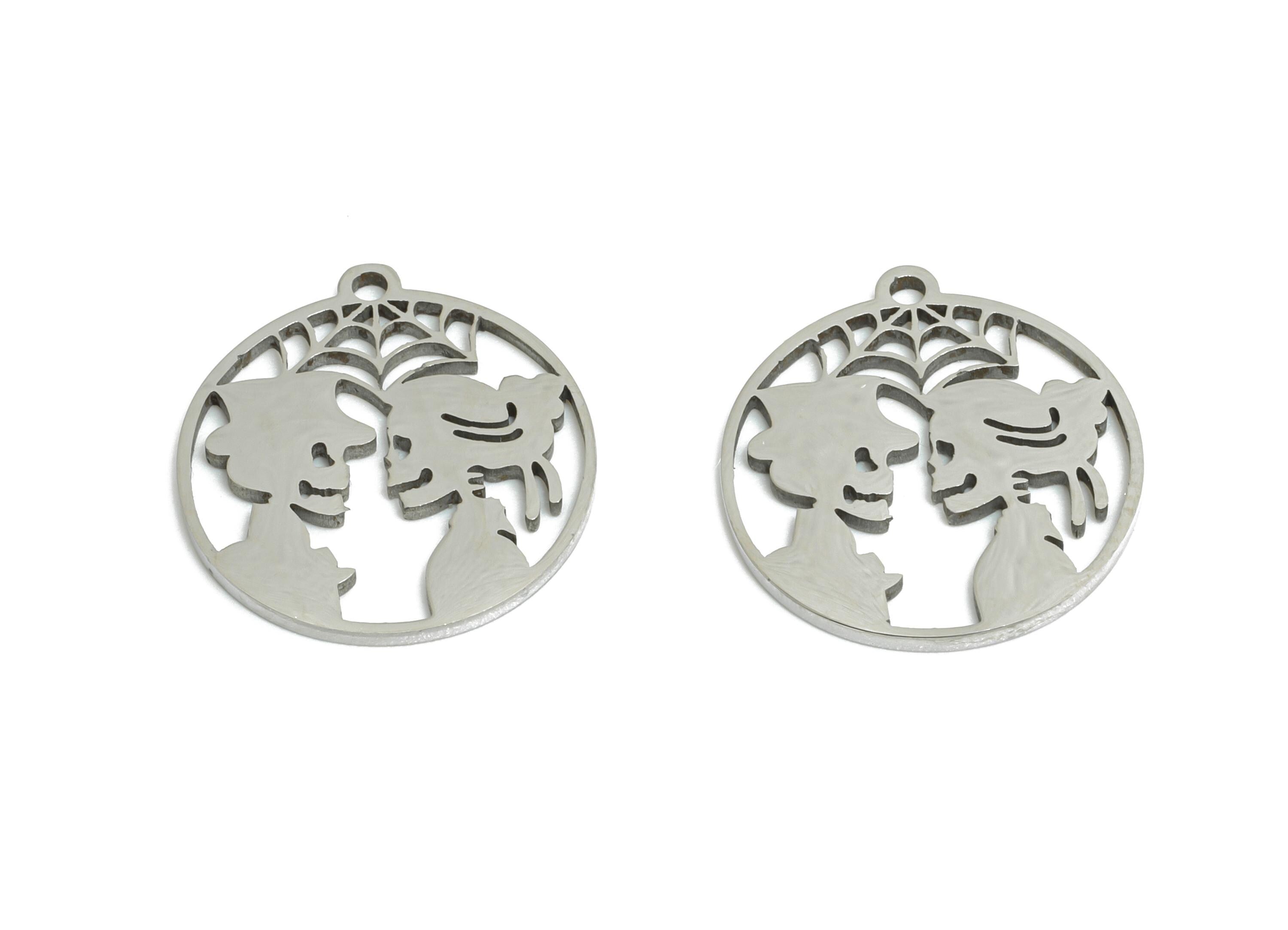 Steel Skeleton Love Pendant - Gothic Couple Charm - Halloween Romance Necklace - Skull Lovers Pendant - Stainless Steel - 15x14x1mm -SS2435 - DOMEDBAZAAR