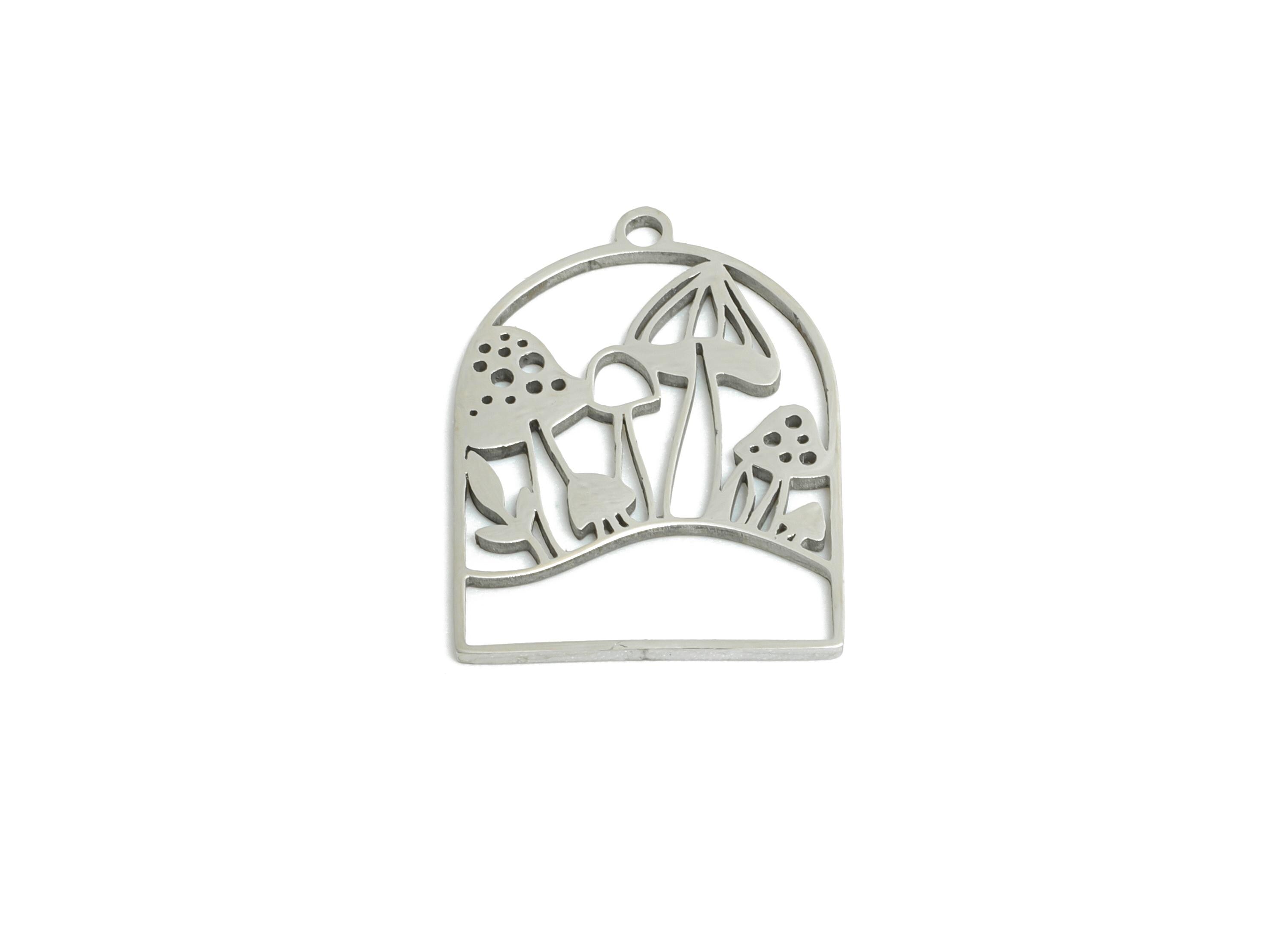 Steel Mushroom Pendant - Boho Mushroom Charm - Whimsical Fungi For Necklace - Woodland Mushroom Pendant - Stainless Steel - 17x13x1mm-SS2506 - DOMEDBAZAAR