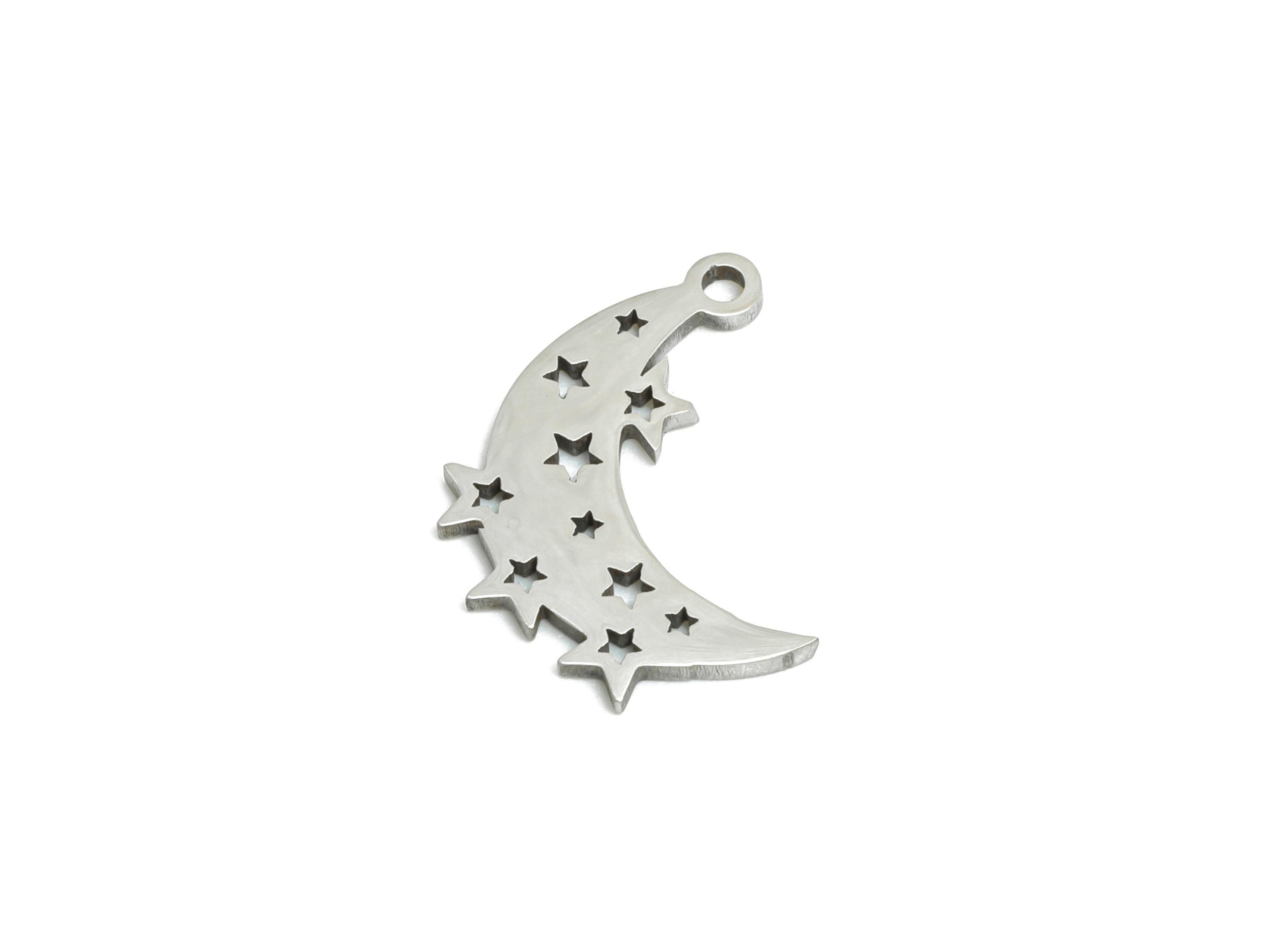 Steel Crescent Earring Charm - Boho Moon Star Earring Charm - Whimsical Charm For Bracelet - Stainless Steel Charm - 17x13x1mm - SS2455 - DOMEDBAZAAR