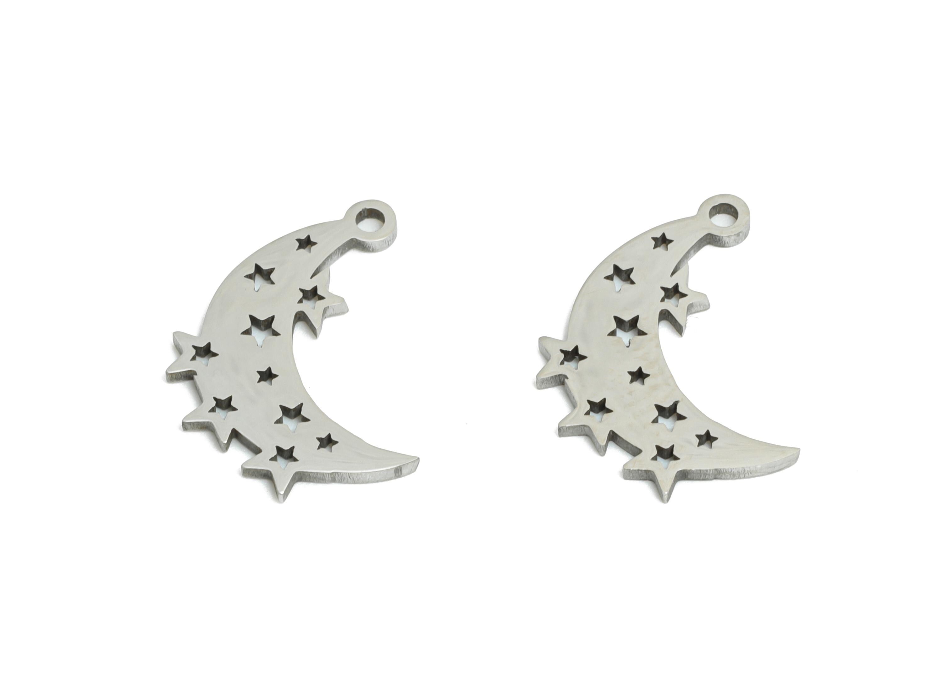 Steel Crescent Earring Charm - Boho Moon Star Earring Charm - Whimsical Charm For Bracelet - Stainless Steel Charm - 17x13x1mm - SS2455 - DOMEDBAZAAR