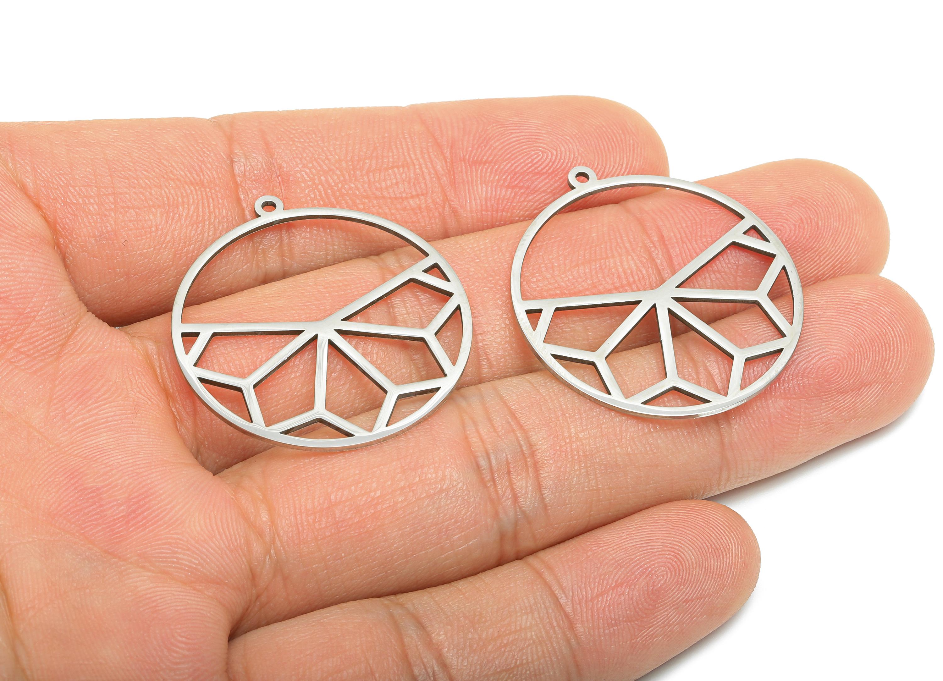 Steel Round Pendant - Abstract Artisan Necklace Charm - Hollow Geometric Jewelry Supply - DIY Jewelry Making - 32.37x30.16x0.98mm - SS2600 - DOMEDBAZAAR