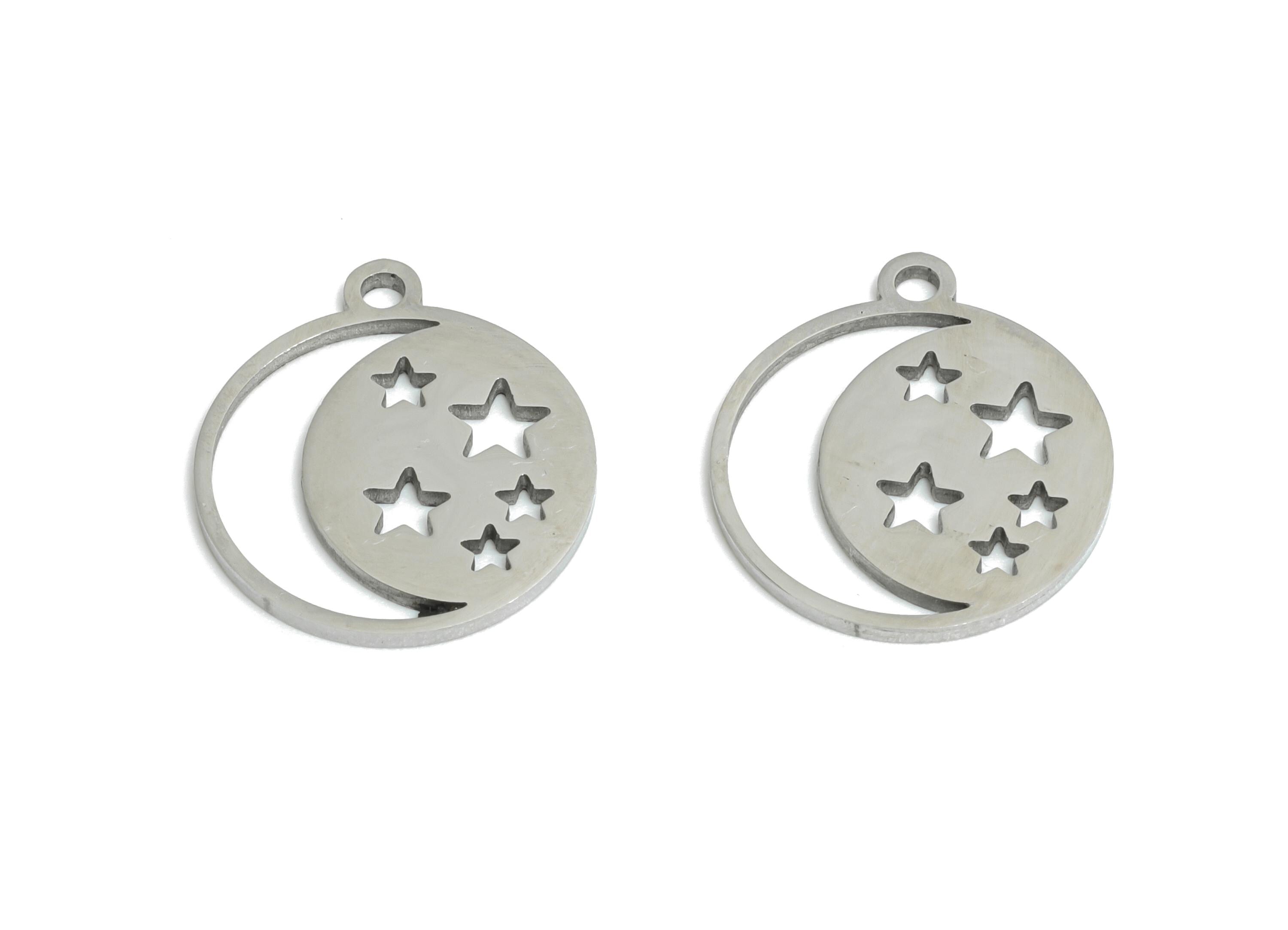 Steel Crescent Earring Charm - Boho Moon Star Earring Charm - Whimsical Space Charm For Bracelet - Stainless Steel Charm -14x12x1mm - SS2459 - DOMEDBAZAAR
