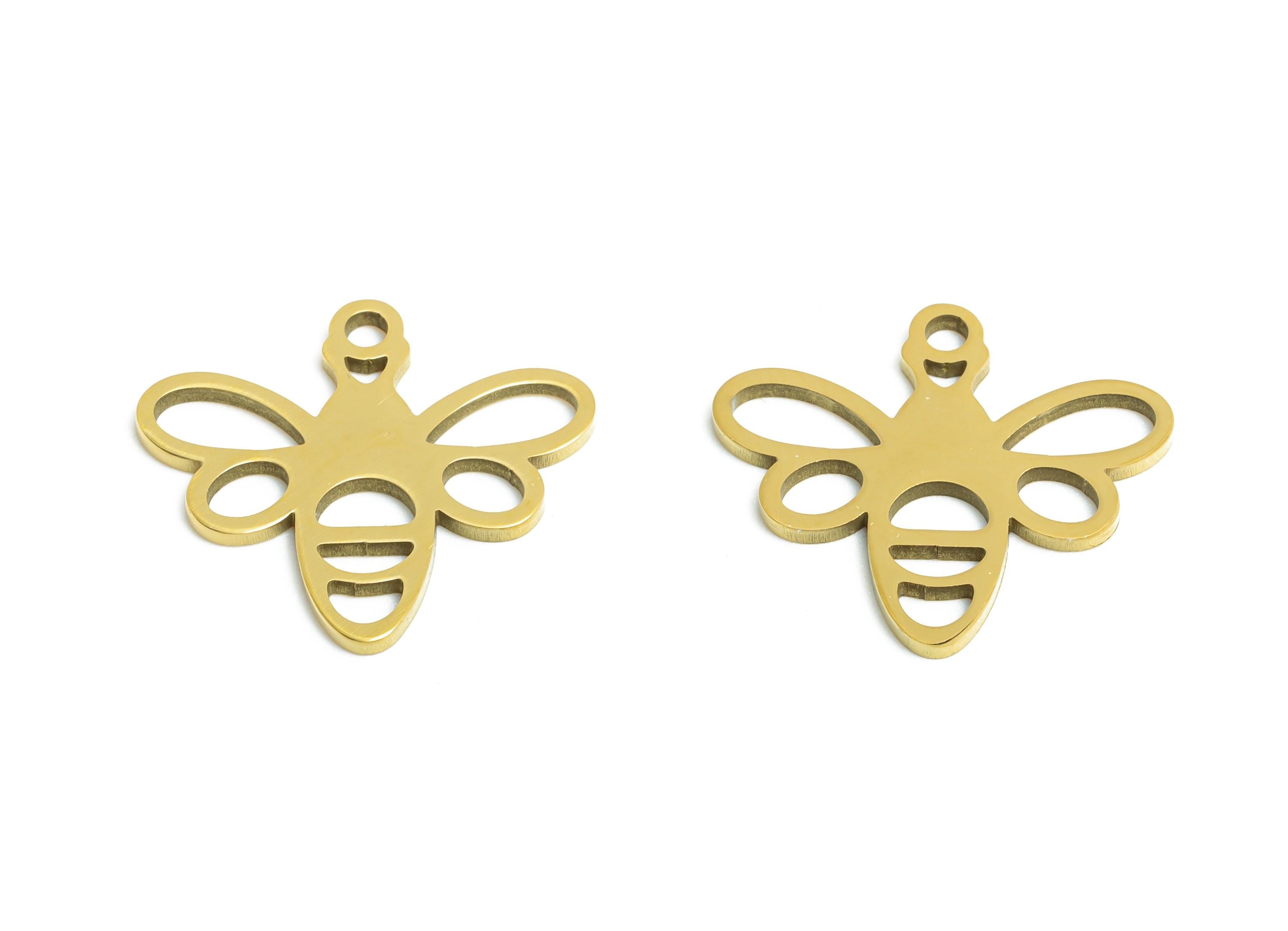 Stainless Steel Bee Charm - Minimalist Insect Pendant - Nature-Inspired Bee Jewelry DIY - 18K Real Vacuum Plated - 15.9x14x0.98mm - SS2475G - DOMEDBAZAAR