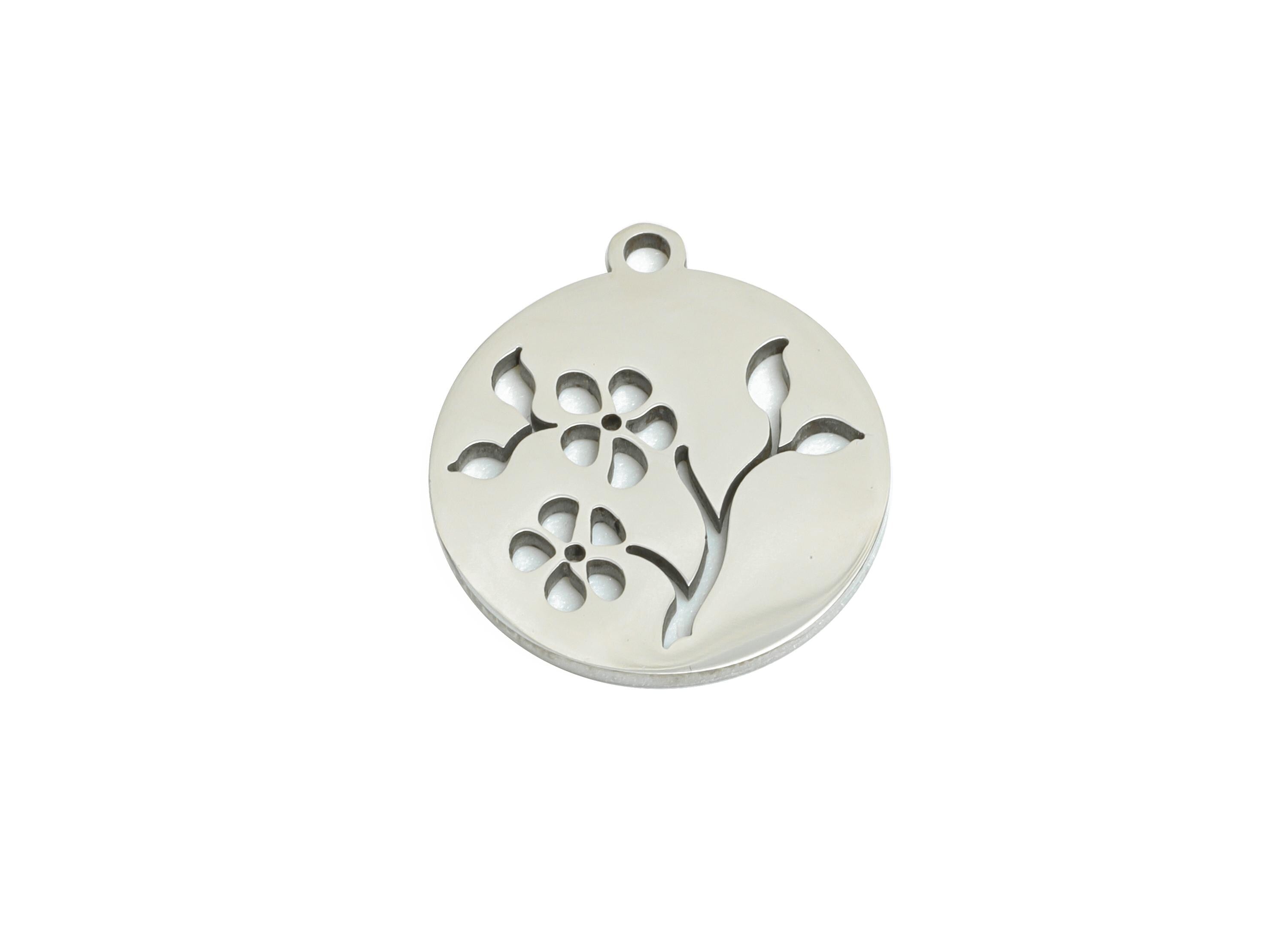 Steel Flower Charm - Botanical Jewelry Component - Minimalist Floral Necklace Charm - Stainless Steel Charm - 14x13x0.98mm - SS2458 - DOMEDBAZAAR