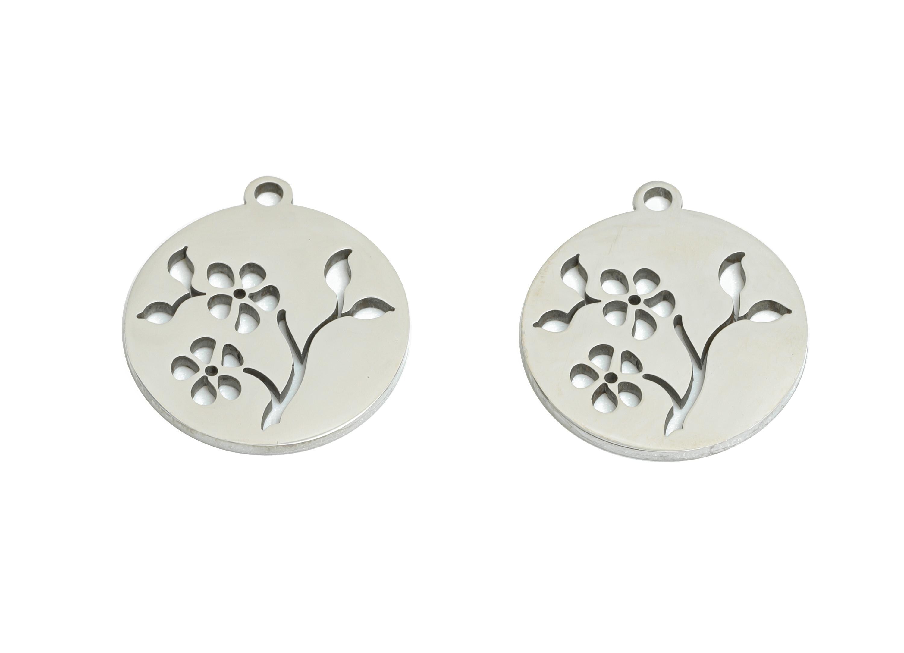 Steel Flower Charm - Botanical Jewelry Component - Minimalist Floral Necklace Charm - Stainless Steel Charm - 14x13x0.98mm - SS2458 - DOMEDBAZAAR