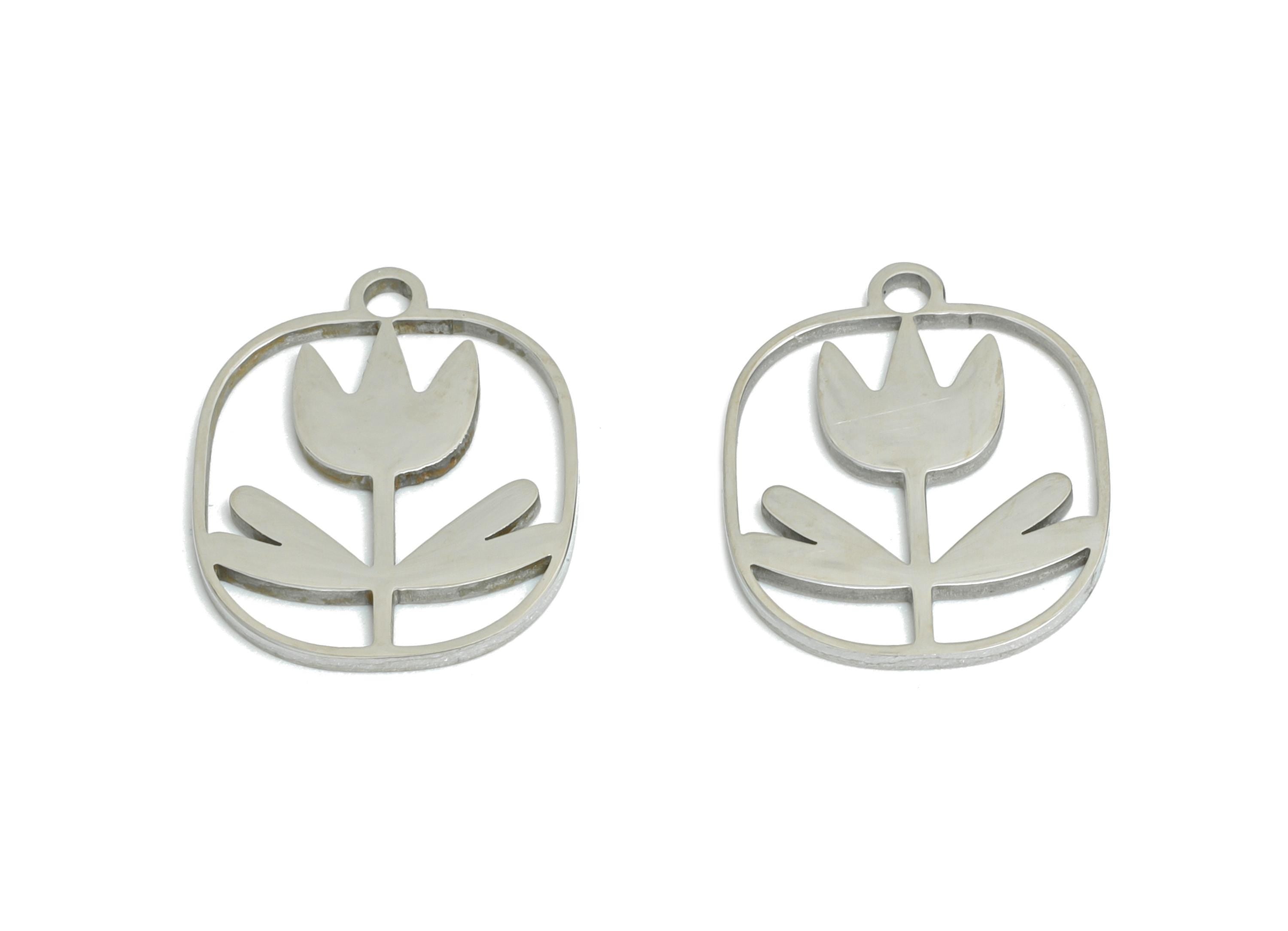 Steel Tulip Charms - Hollow Geometric Floral Charm - Whimsical Charm for Necklace - Modern Botanical Jewelry - 14.9x12.23x0.98mm - SS2500 - DOMEDBAZAAR