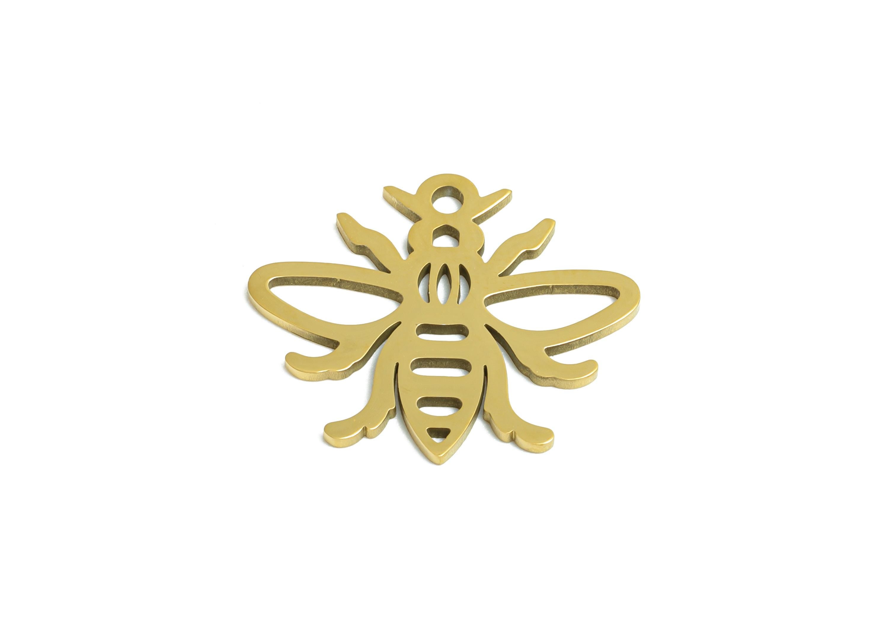 Stainless Steel Bee Charm - Minimalist Insect Pendant - DIY Craft Bumblebee Component - 18K Real Vacuum Plated - 19.8x16.75x0.98mm - SS2494G - DOMEDBAZAAR